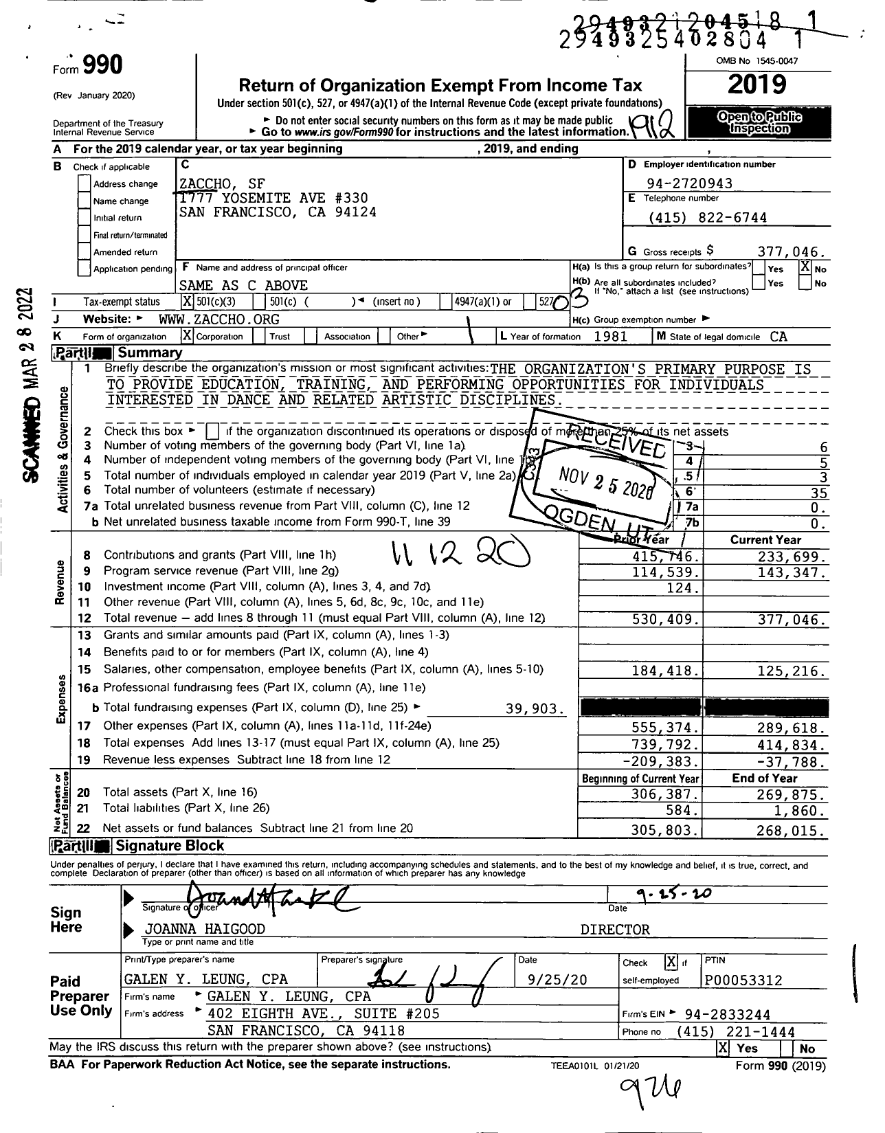 Image of first page of 2019 Form 990 for Zaccho SF