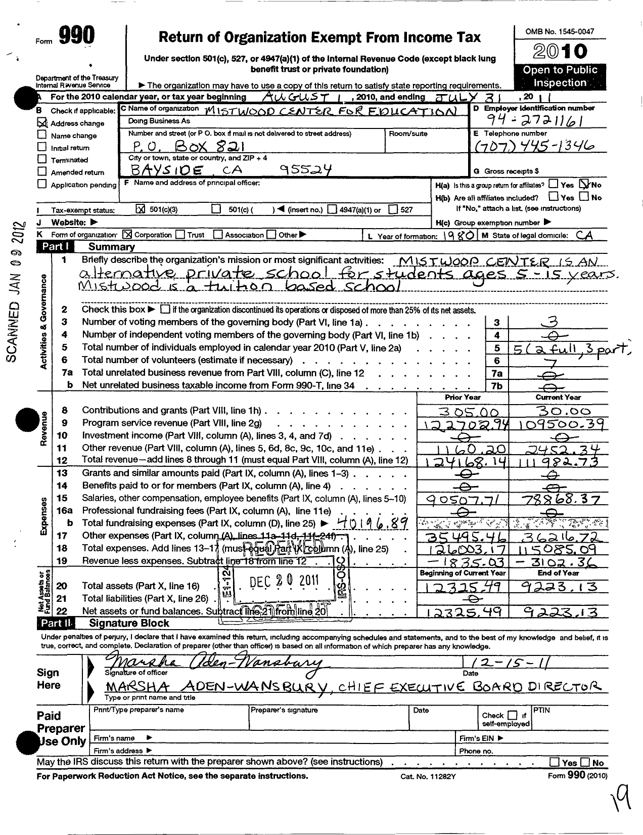 Image of first page of 2010 Form 990 for Mistwood Center for Education