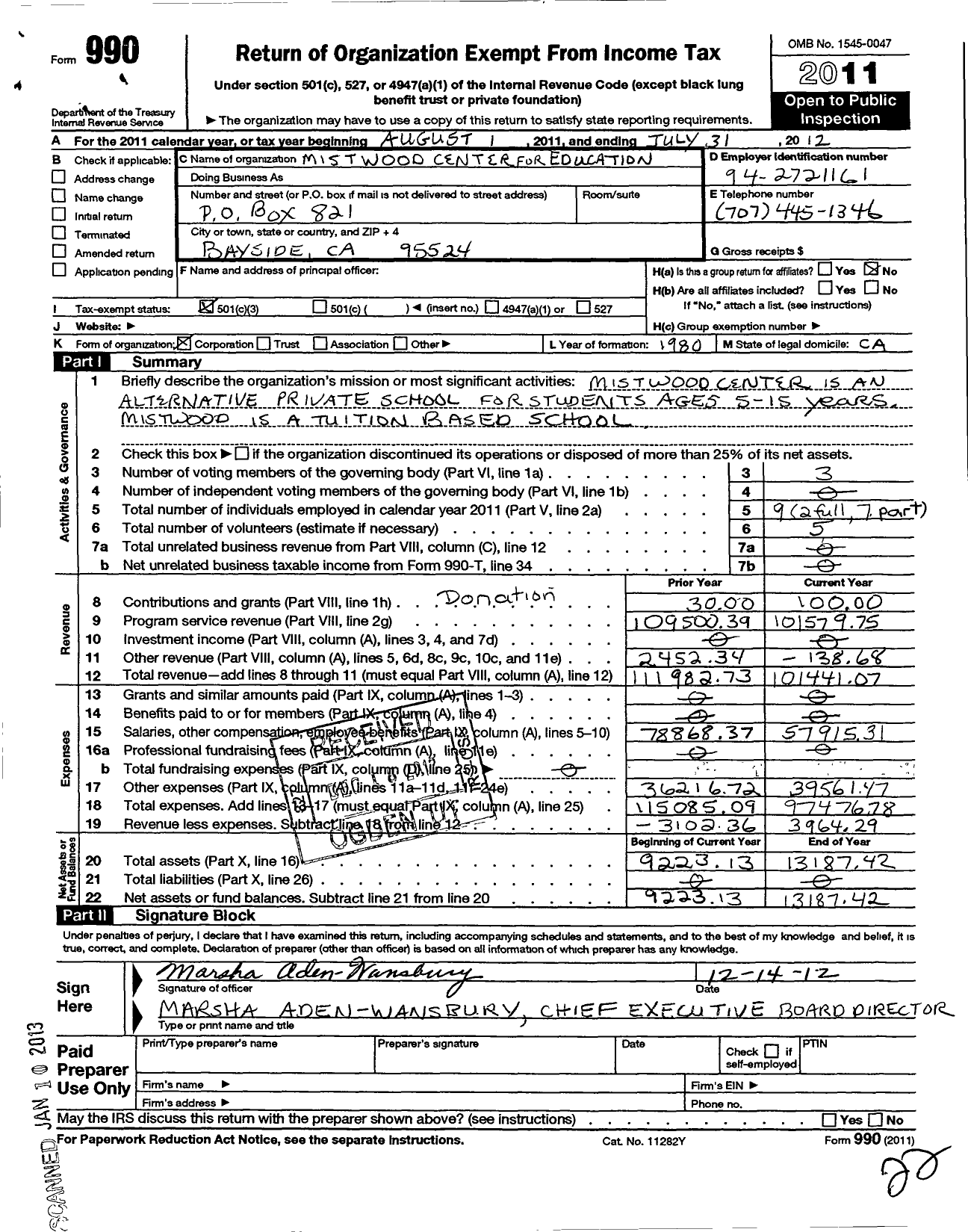 Image of first page of 2011 Form 990 for Mistwood Center for Education