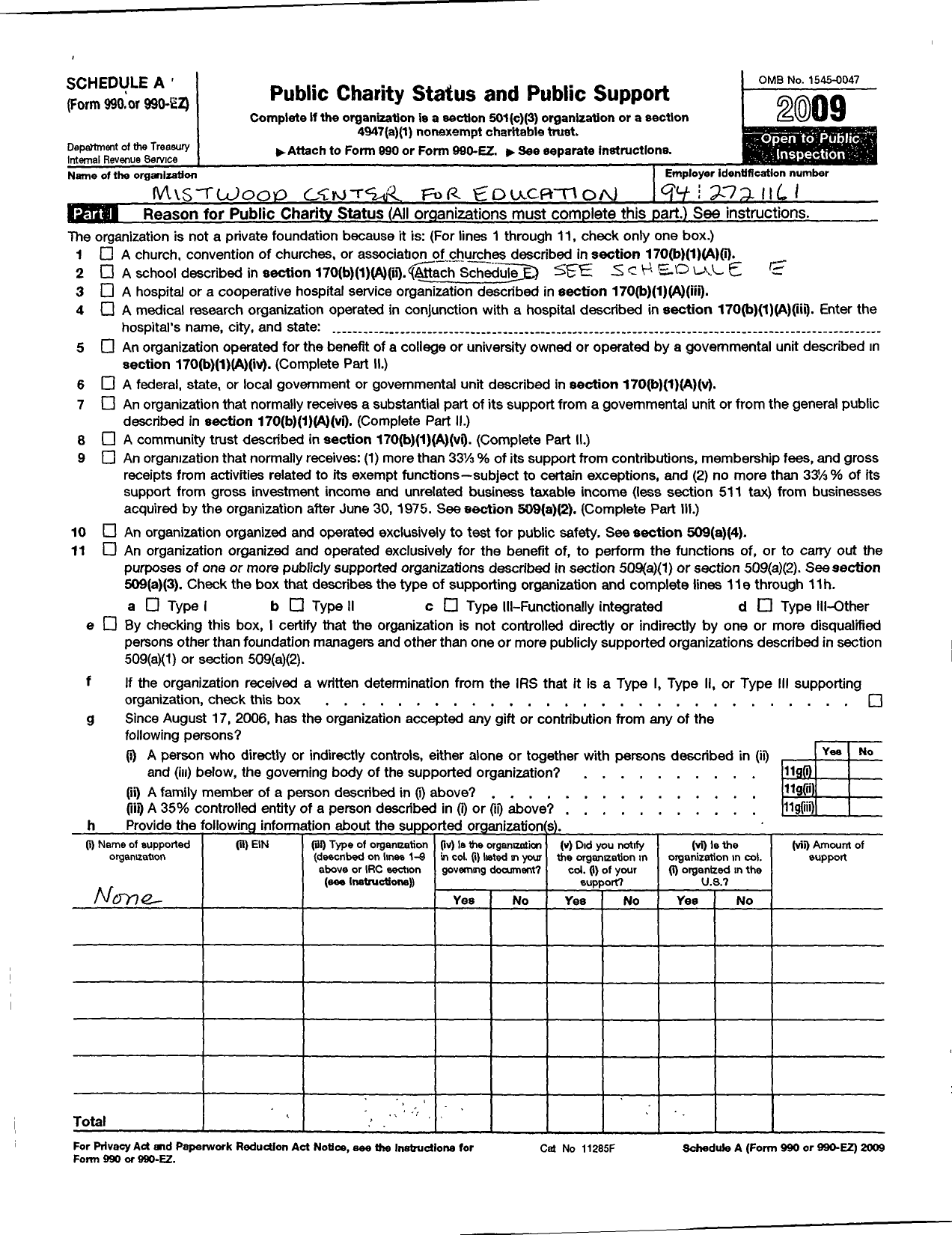 Image of first page of 2009 Form 990R for Mistwood Center for Education