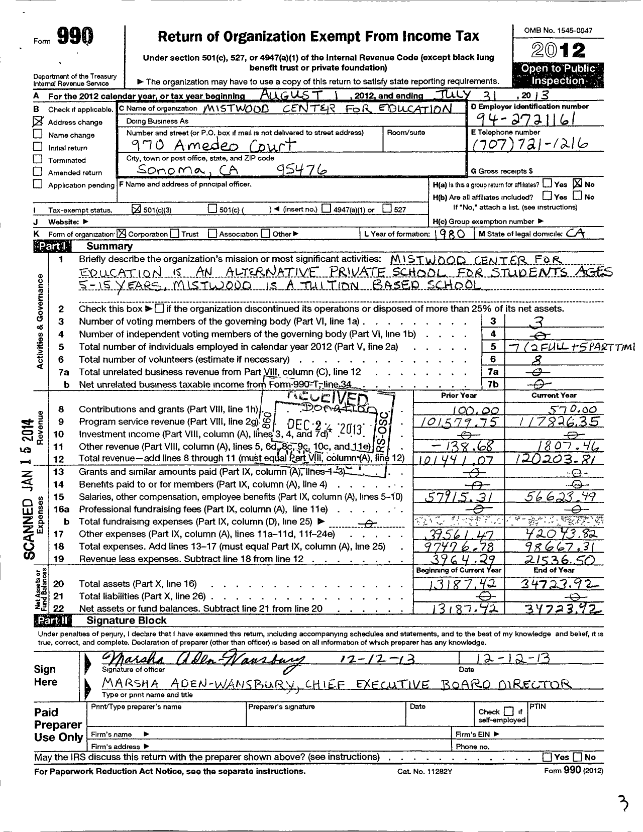 Image of first page of 2012 Form 990 for Mistwood Center for Education