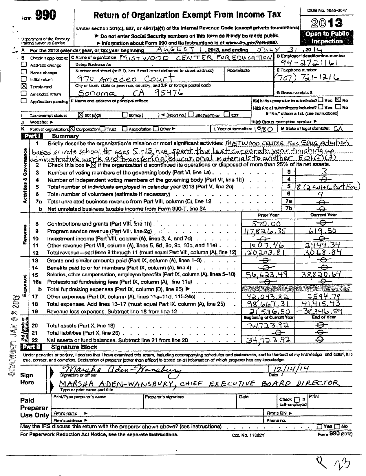 Image of first page of 2013 Form 990 for Mistwood Center for Education