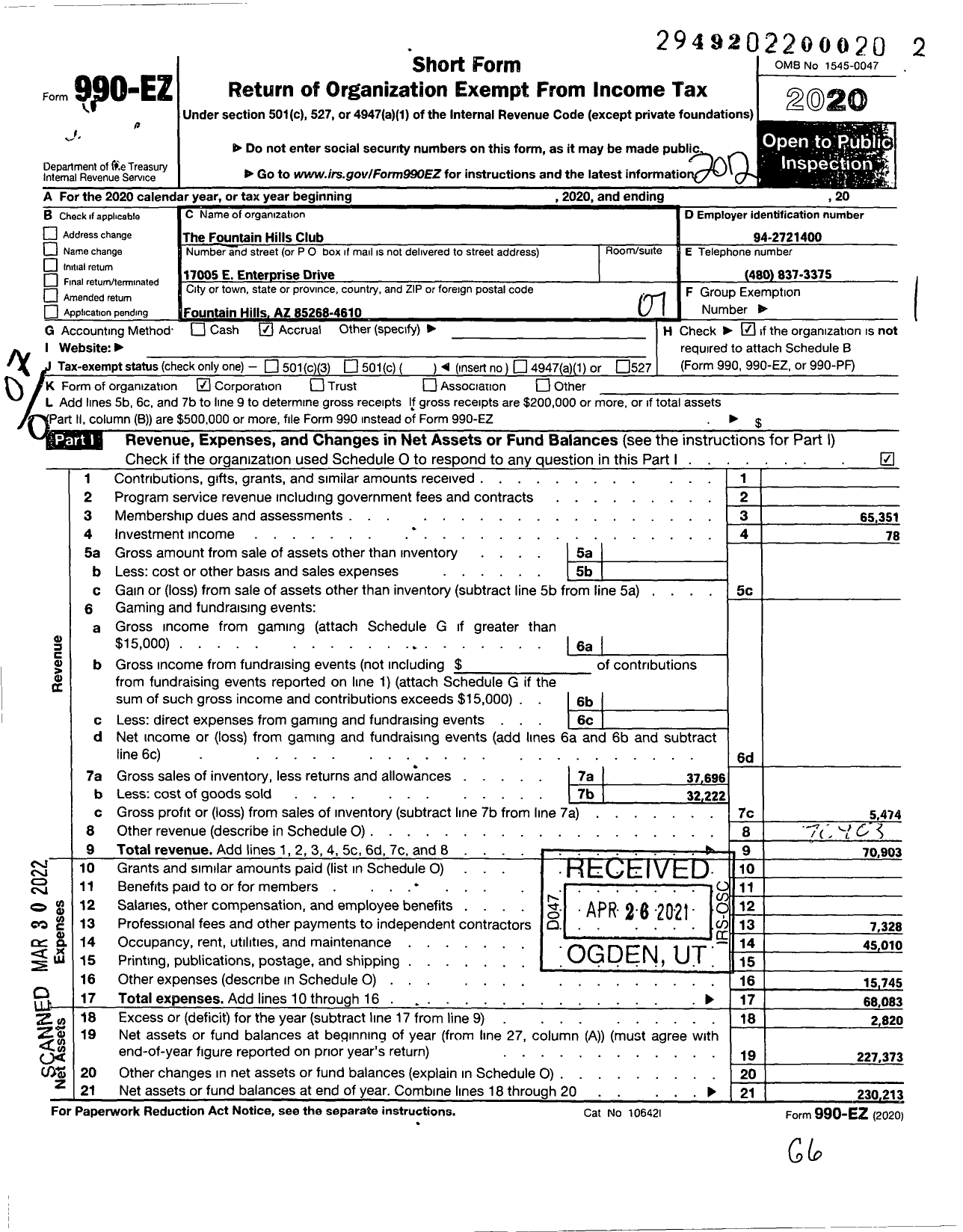 Image of first page of 2020 Form 990EO for Fountain Hills Club