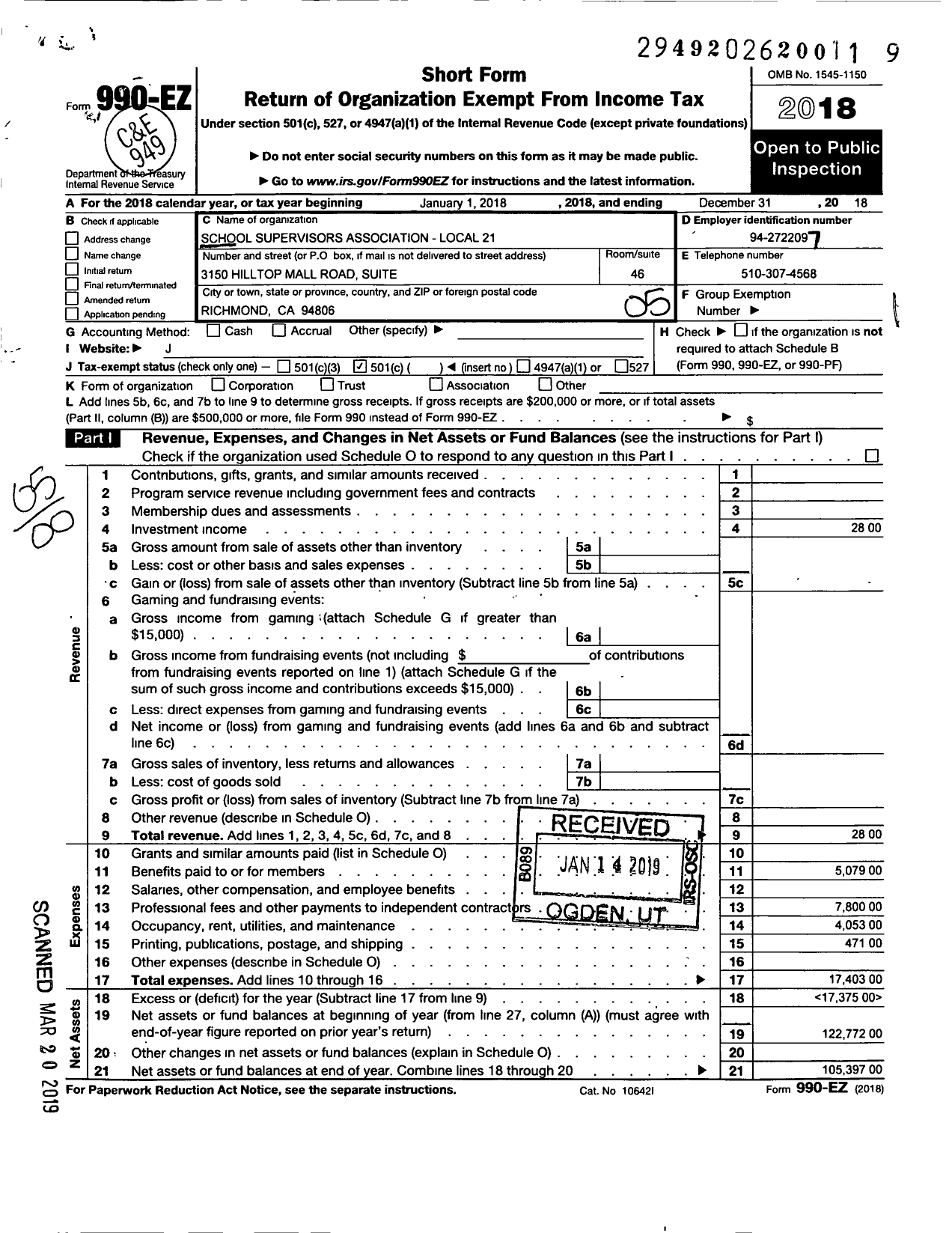 Image of first page of 2018 Form 990EO for School Supervisors Association Local 21