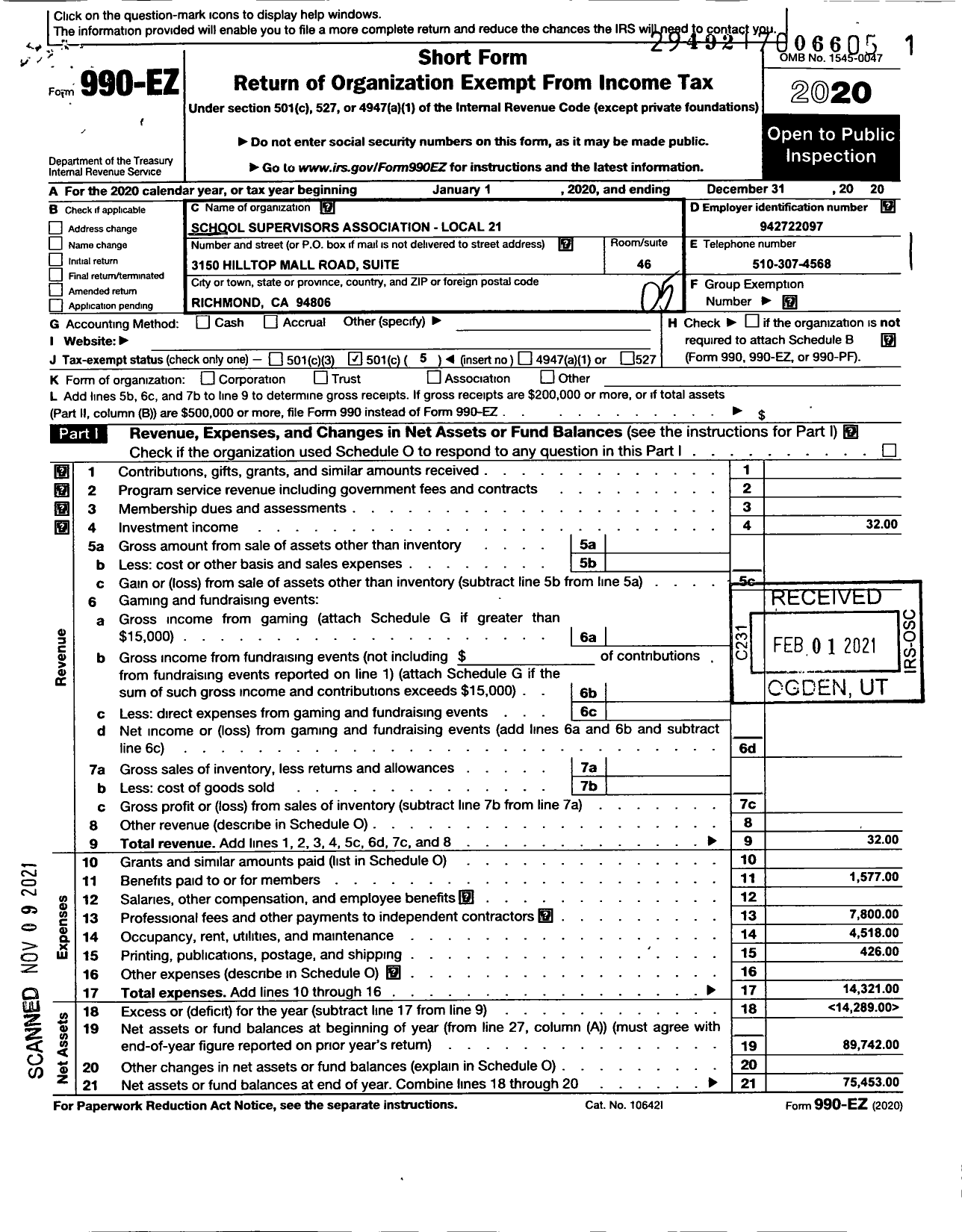 Image of first page of 2020 Form 990EO for School Supervisors Association Local 21