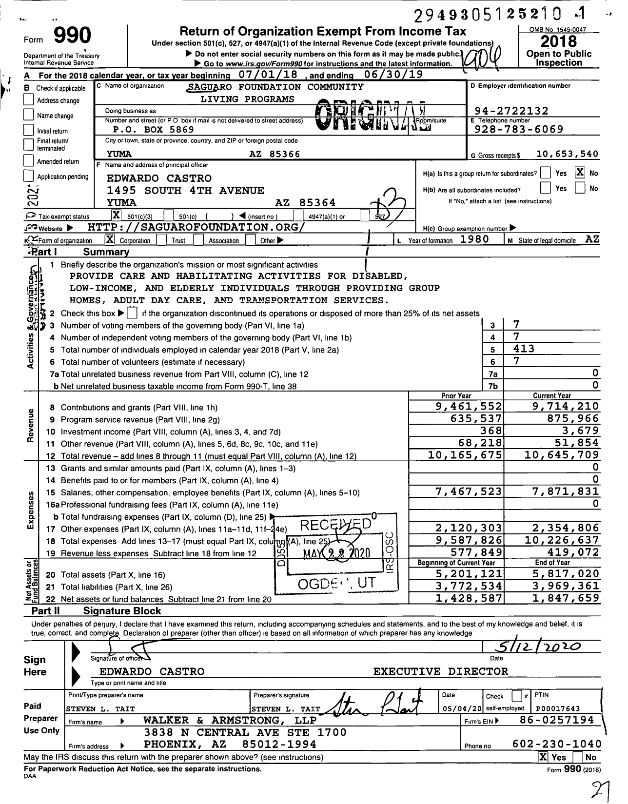 Image of first page of 2018 Form 990 for Saguaro Foundation Community Living Programs