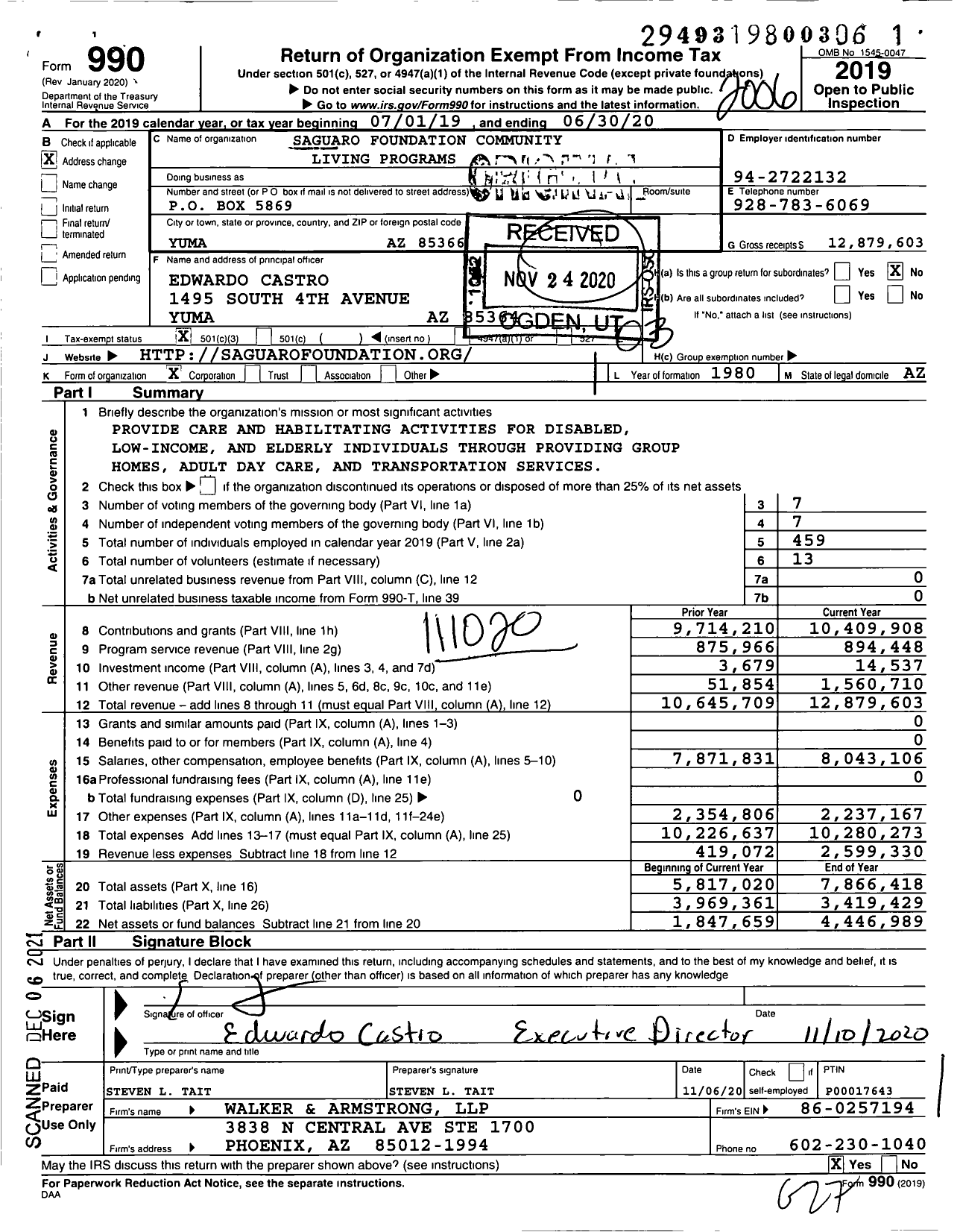 Image of first page of 2019 Form 990 for Saguaro Foundation Community Living Programs