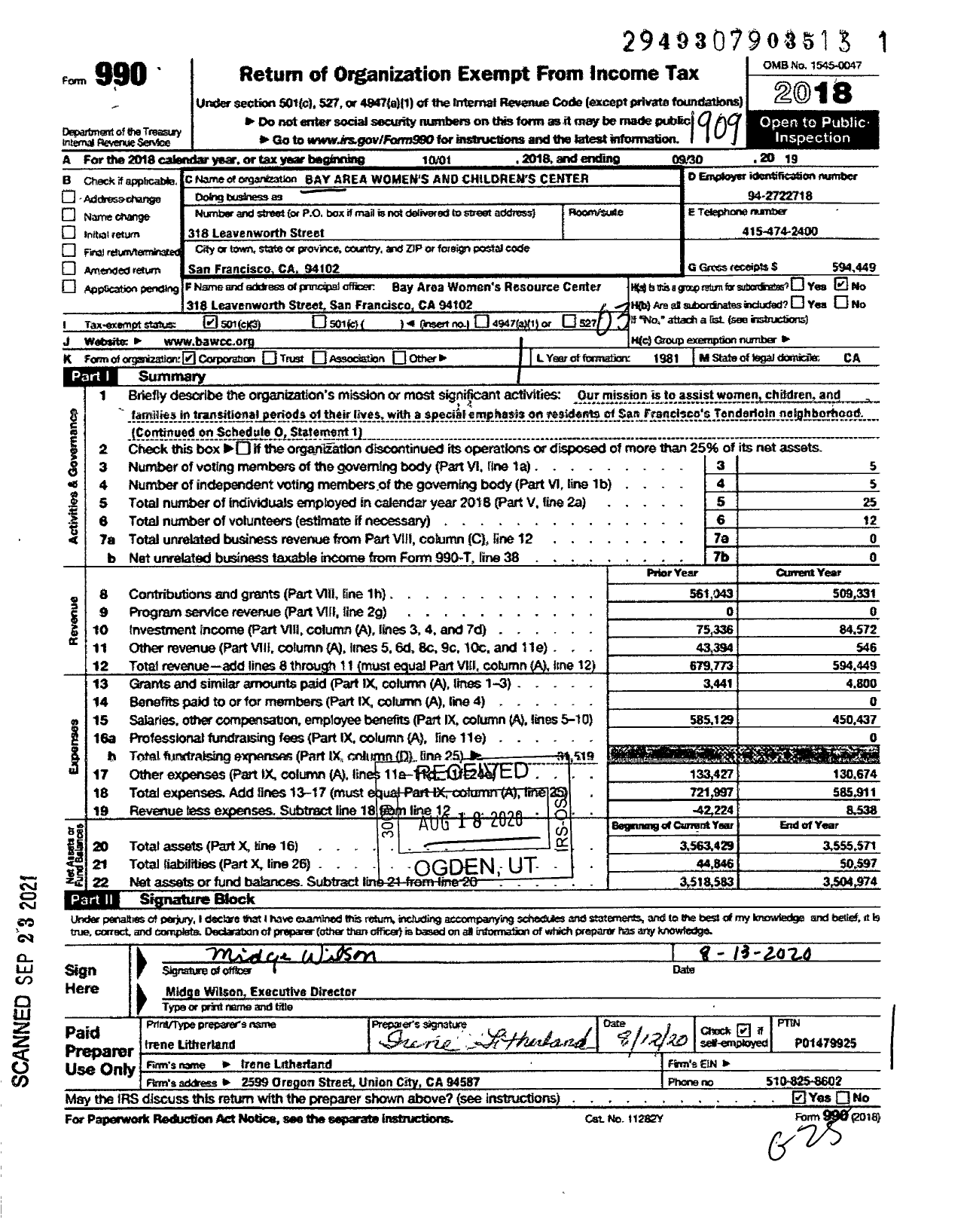 Image of first page of 2018 Form 990 for Bay Area Womens (BAWCC)