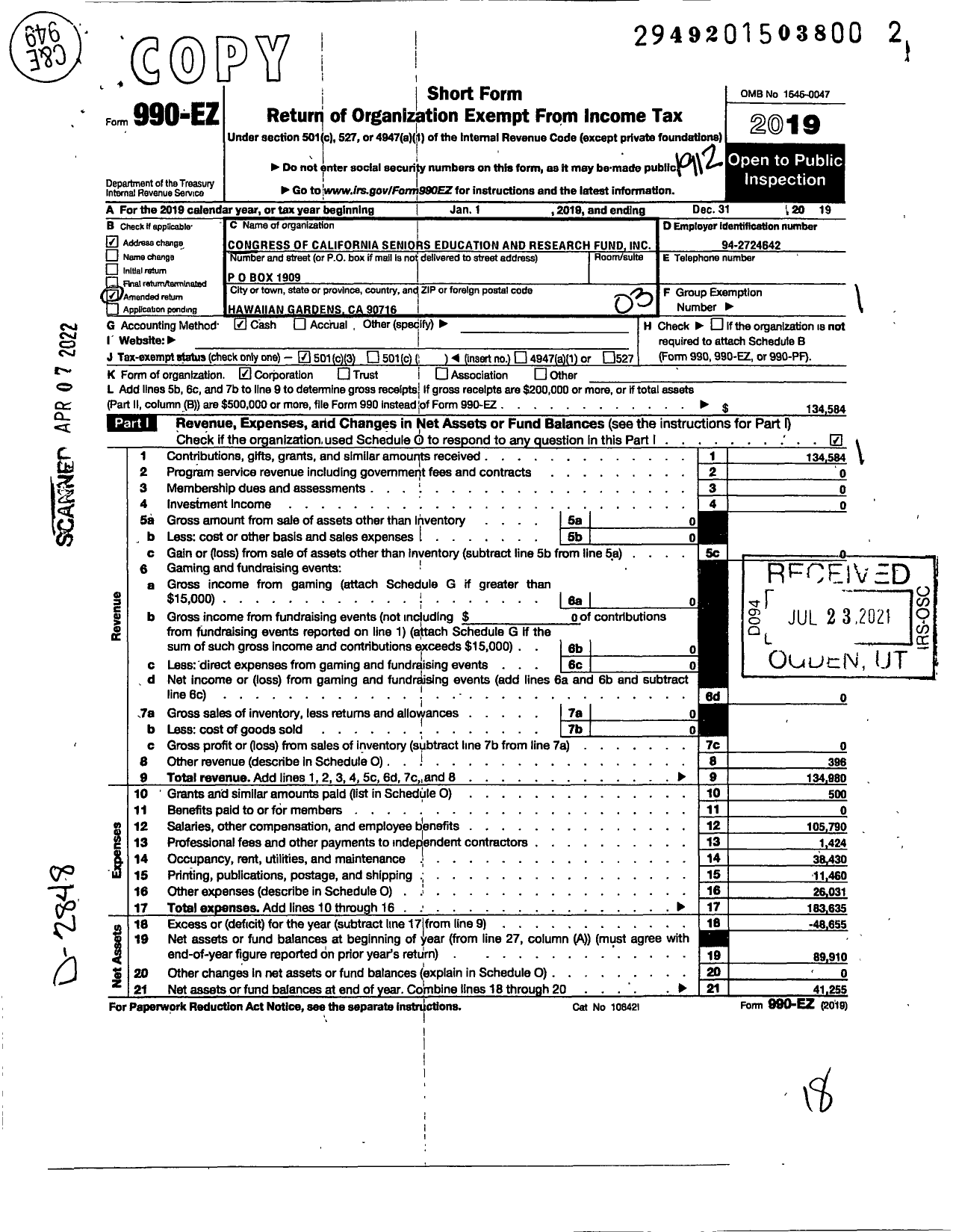 Image of first page of 2019 Form 990EZ for Congress of California Seniors Education and Research Fund