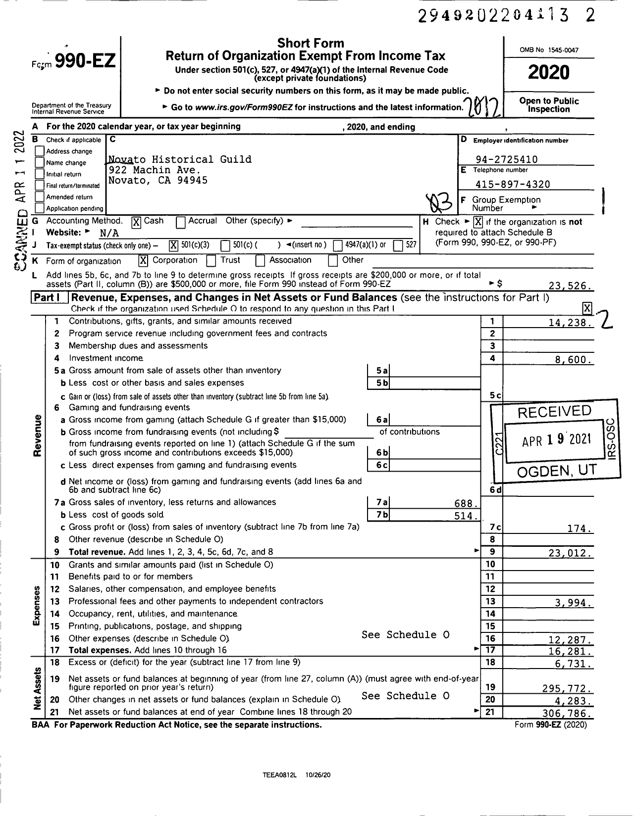 Image of first page of 2020 Form 990EZ for Novato Historical Guild