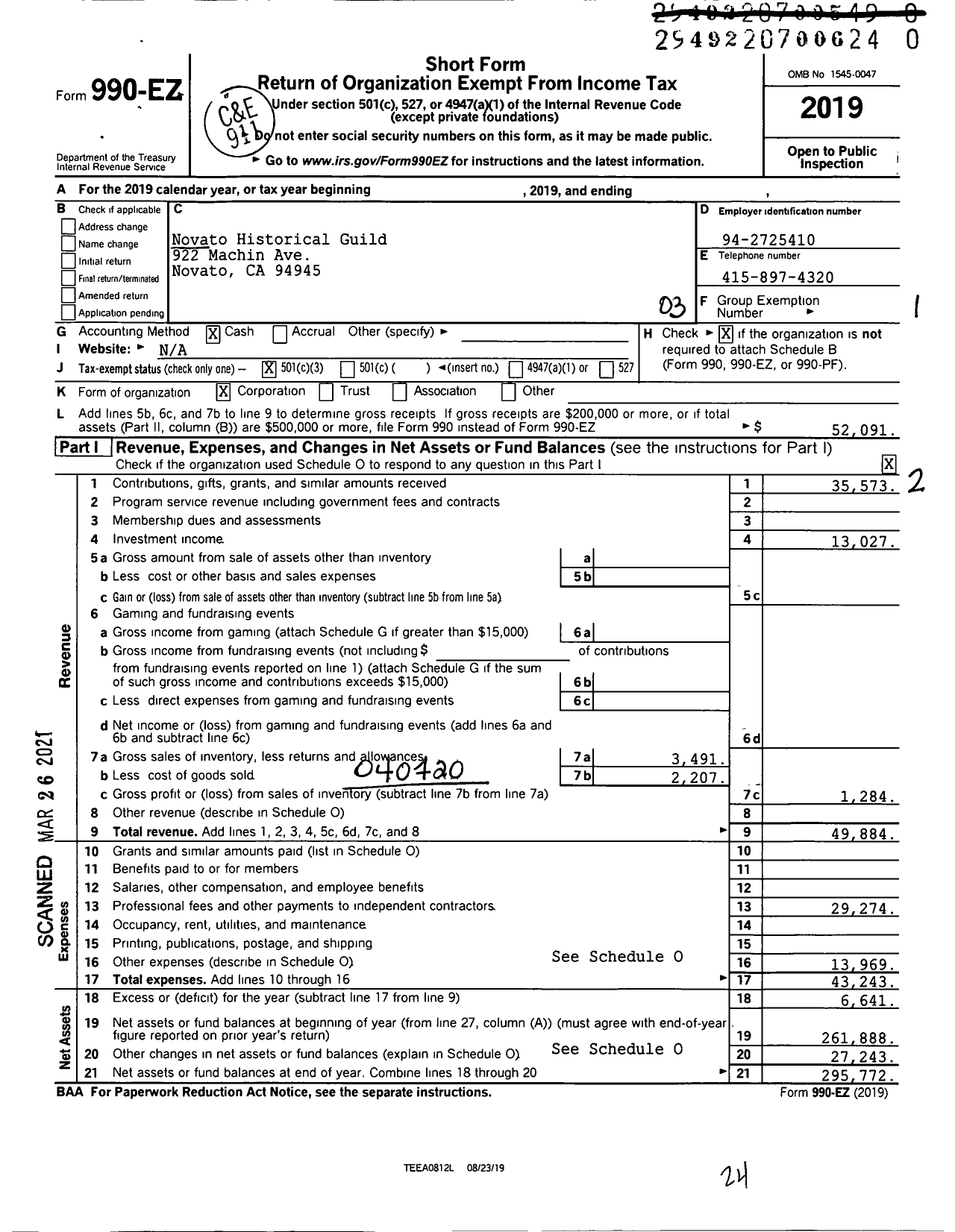 Image of first page of 2019 Form 990EZ for Novato Historical Guild