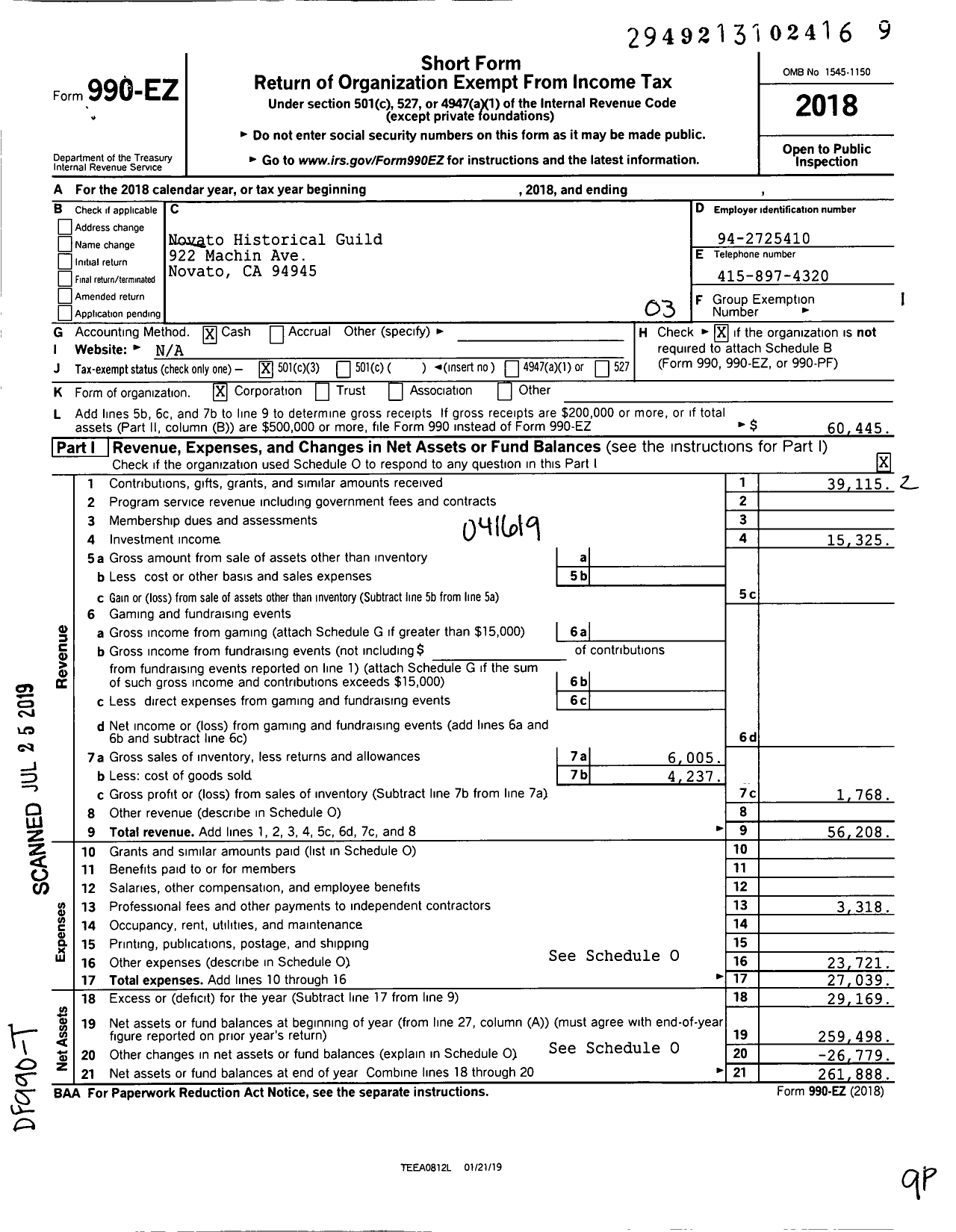 Image of first page of 2018 Form 990EZ for Novato Historical Guild