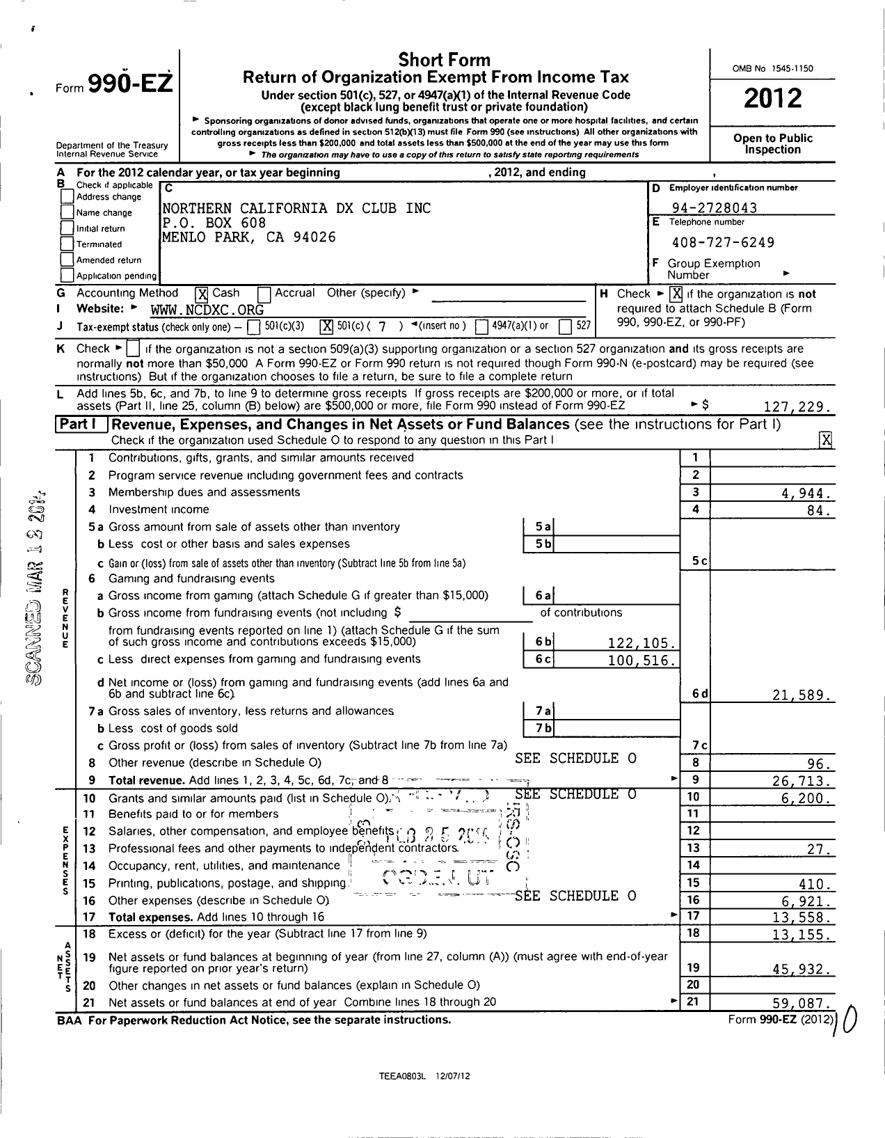 Image of first page of 2012 Form 990EO for Northern California DX Club