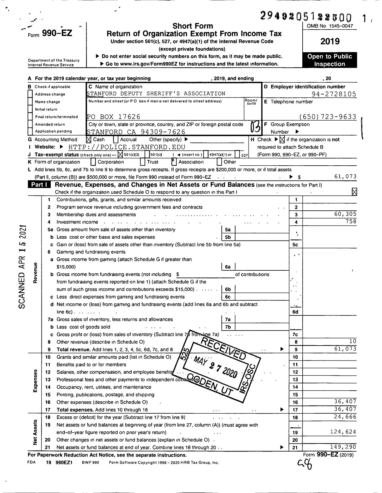 Image of first page of 2019 Form 990EZ for The Stanford Deputy Sheriffs' Association (SDSA)