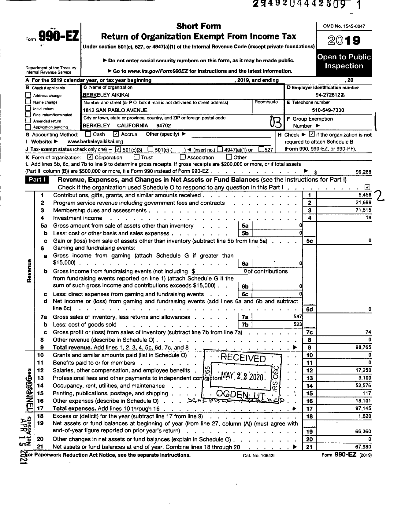 Image of first page of 2019 Form 990EZ for Berkeley Aikikai