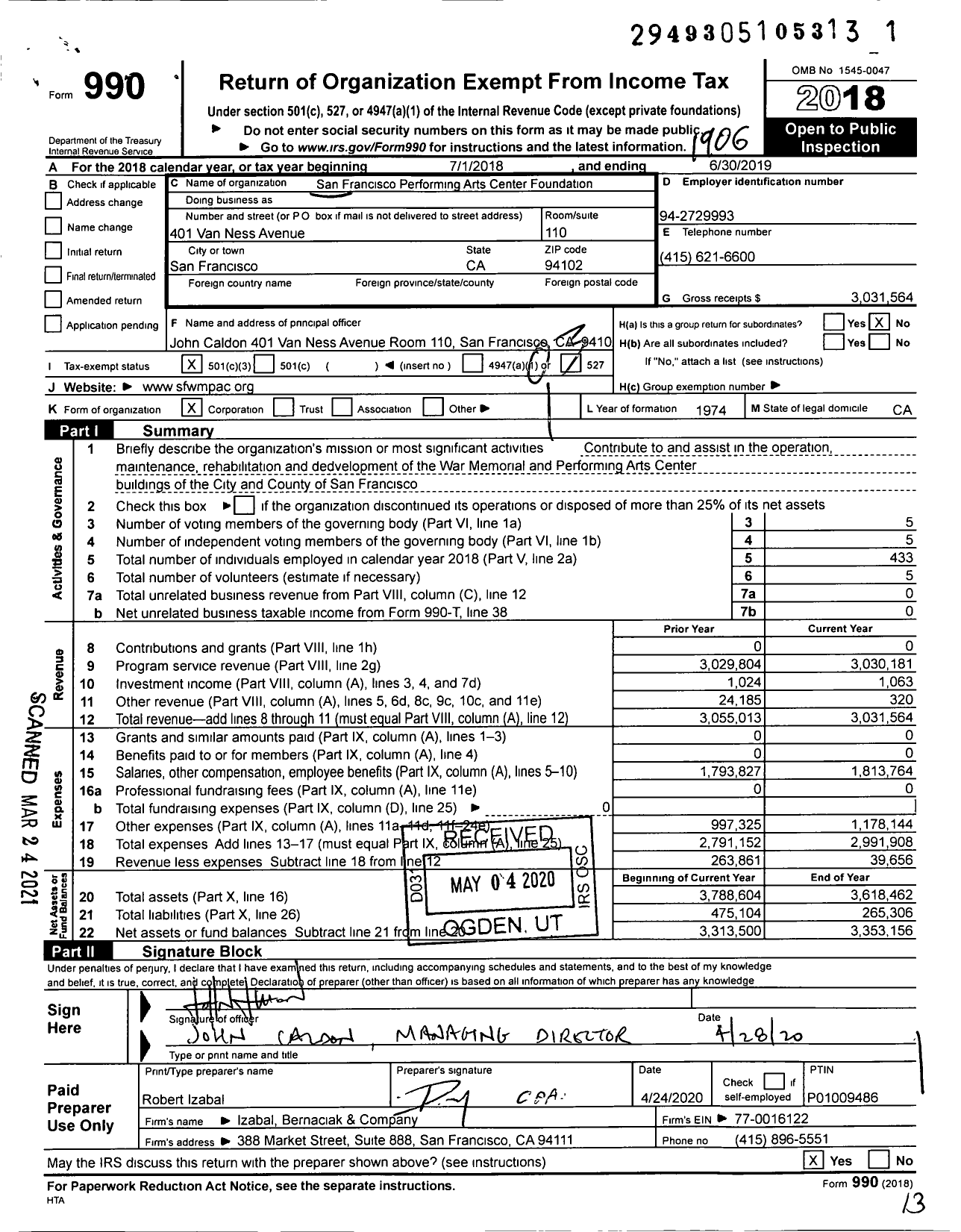 Image of first page of 2018 Form 990 for San Francisco Performing Arts Center Foundation