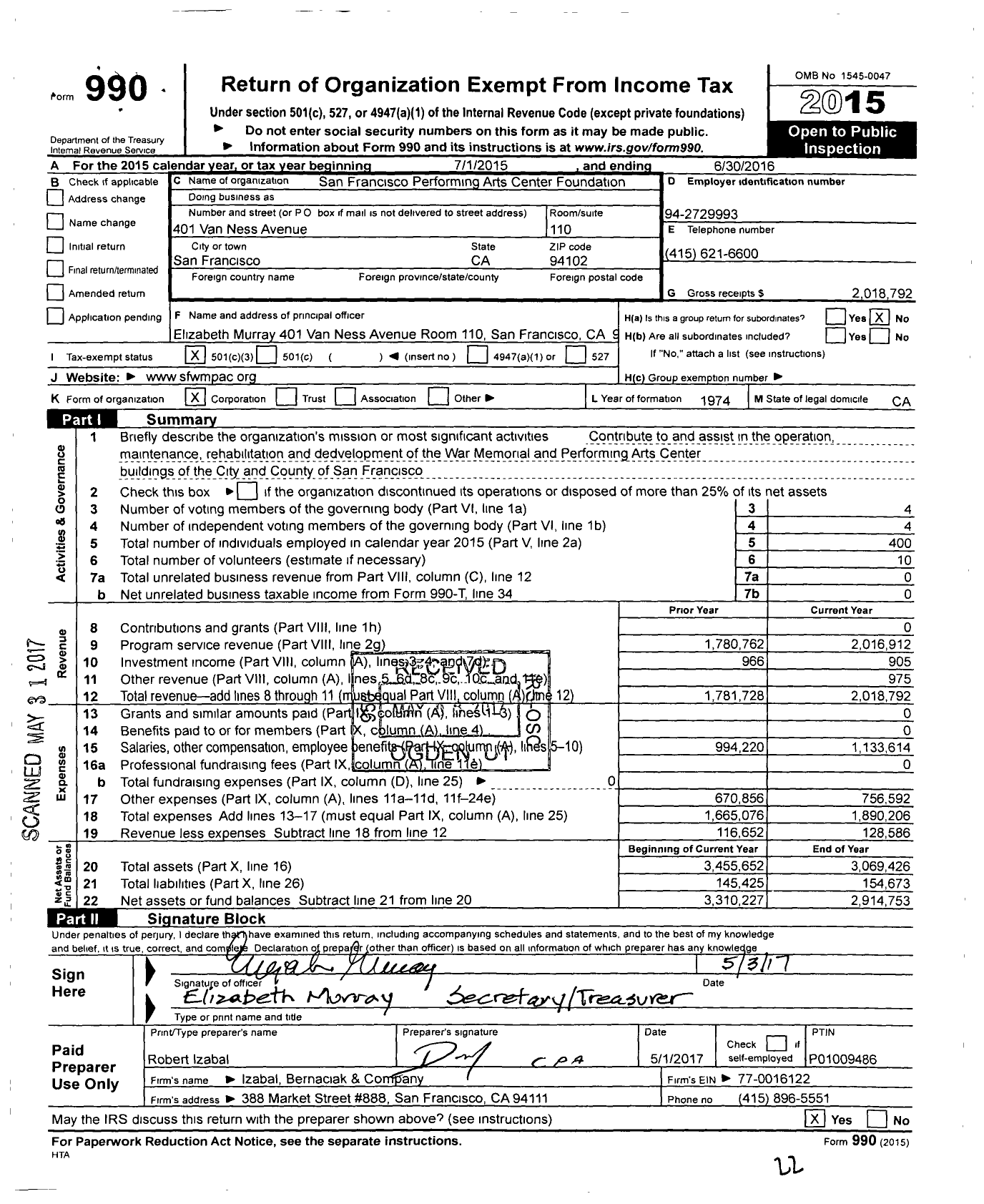 Image of first page of 2015 Form 990 for San Francisco Performing Arts Center Foundation