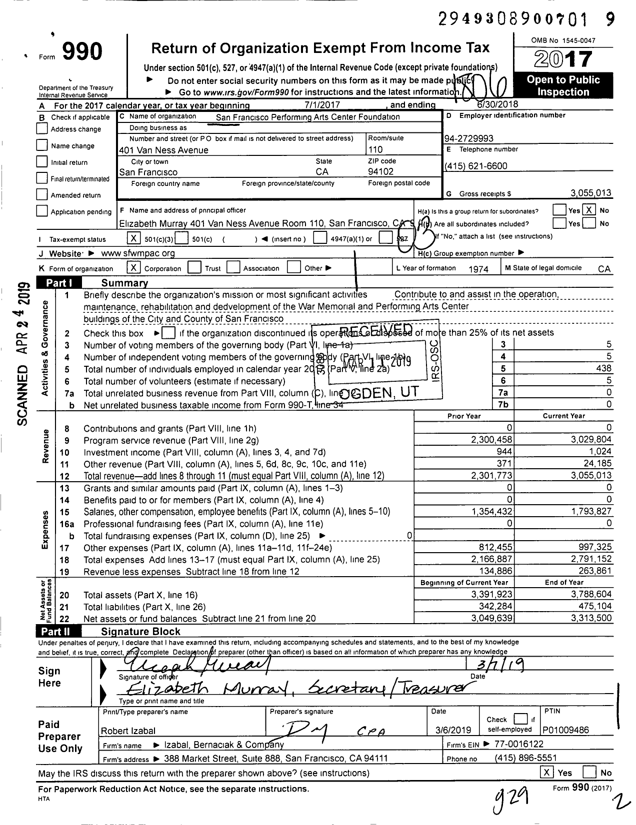 Image of first page of 2017 Form 990 for San Francisco Performing Arts Center Foundation