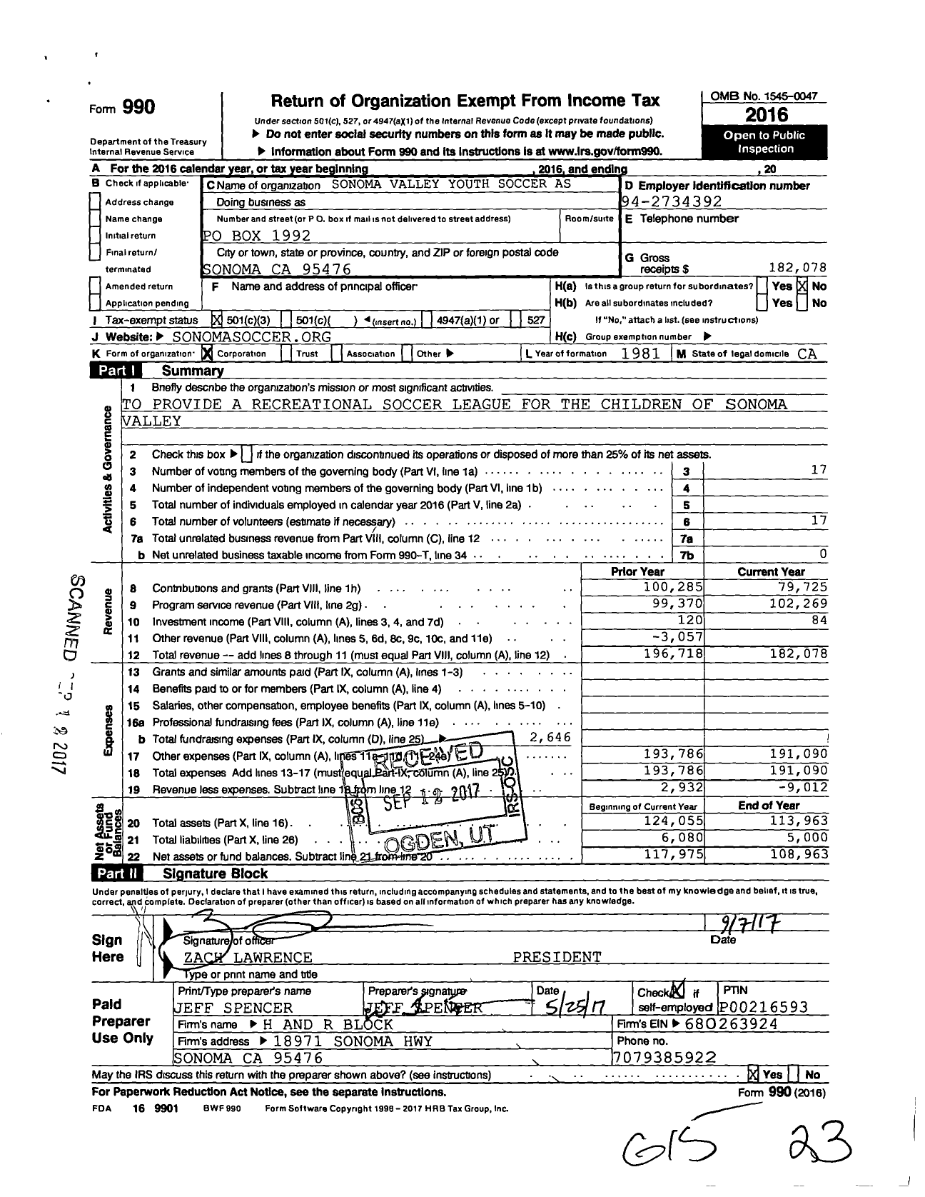 Image of first page of 2016 Form 990 for Sonoma Valley Youth Soccer Association