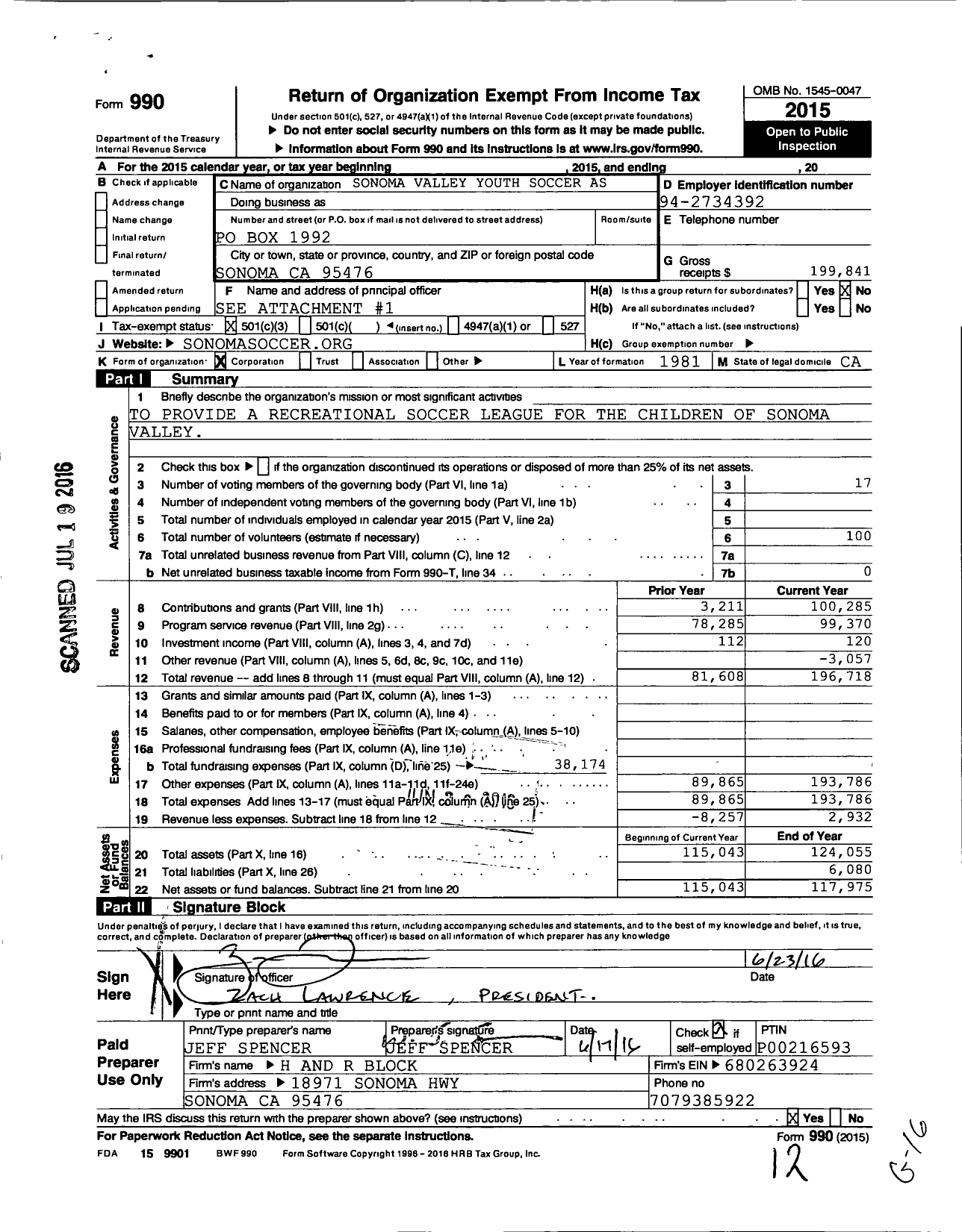 Image of first page of 2015 Form 990 for Sonoma Valley Youth Soccer Association