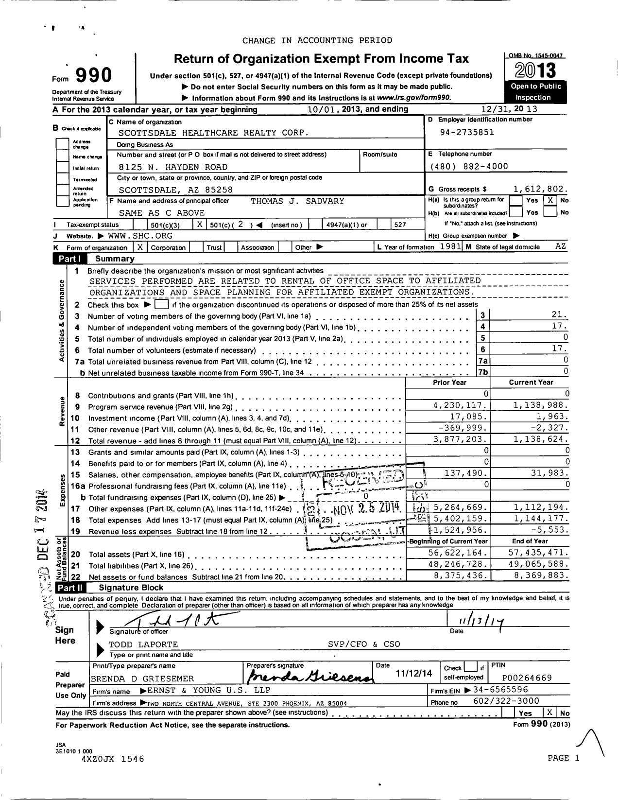 Image of first page of 2013 Form 990O for Scottsdale Healthcare Realty Corporation
