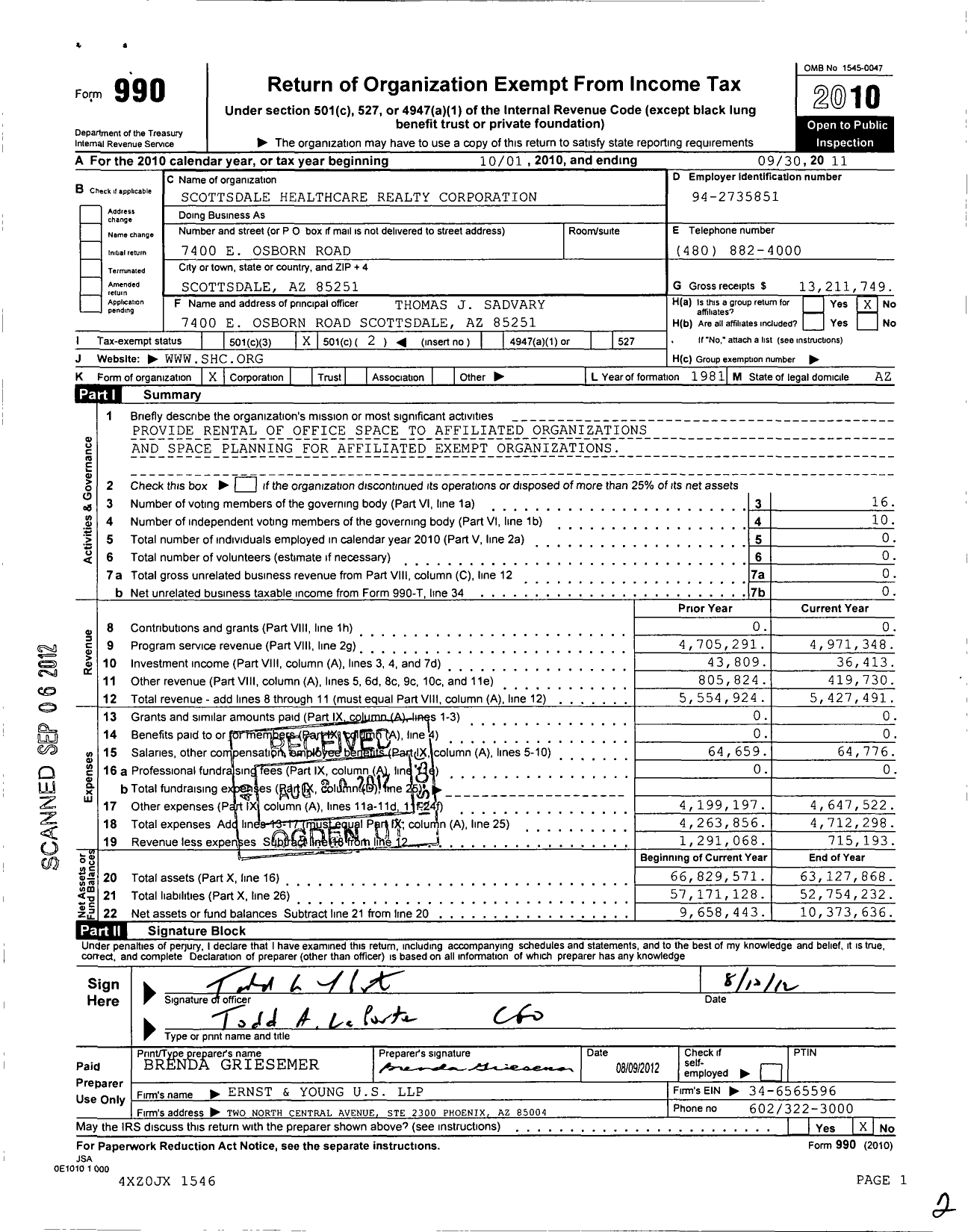 Image of first page of 2010 Form 990O for Scottsdale Healthcare Realty Corporation