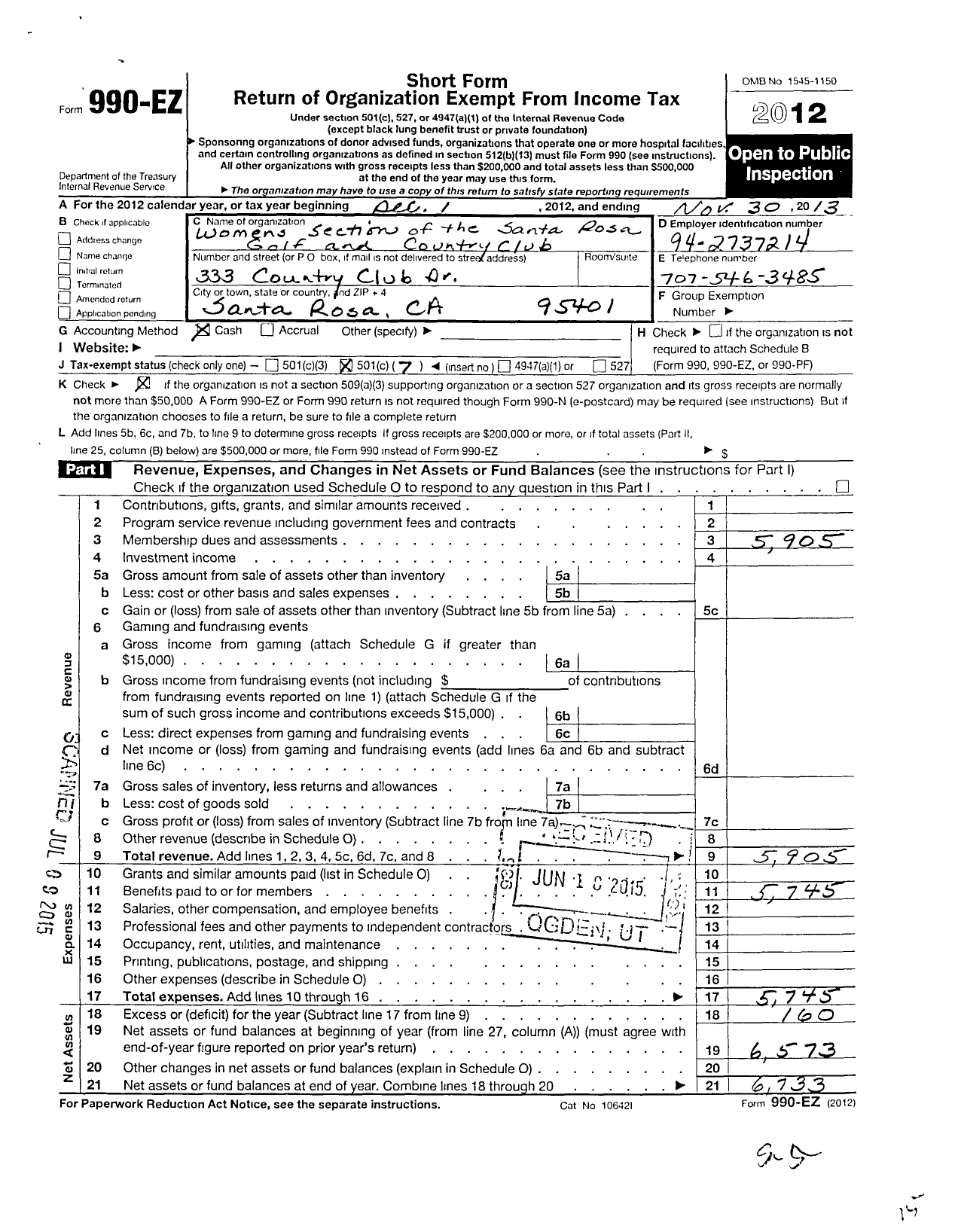 Image of first page of 2012 Form 990EO for Womens Section of the Santa Rosa Golf and Country Club