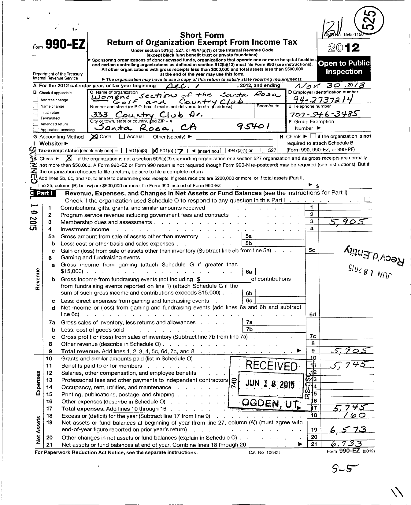 Image of first page of 2012 Form 990EO for Womens Section of the Santa Rosa Golf and Country Club