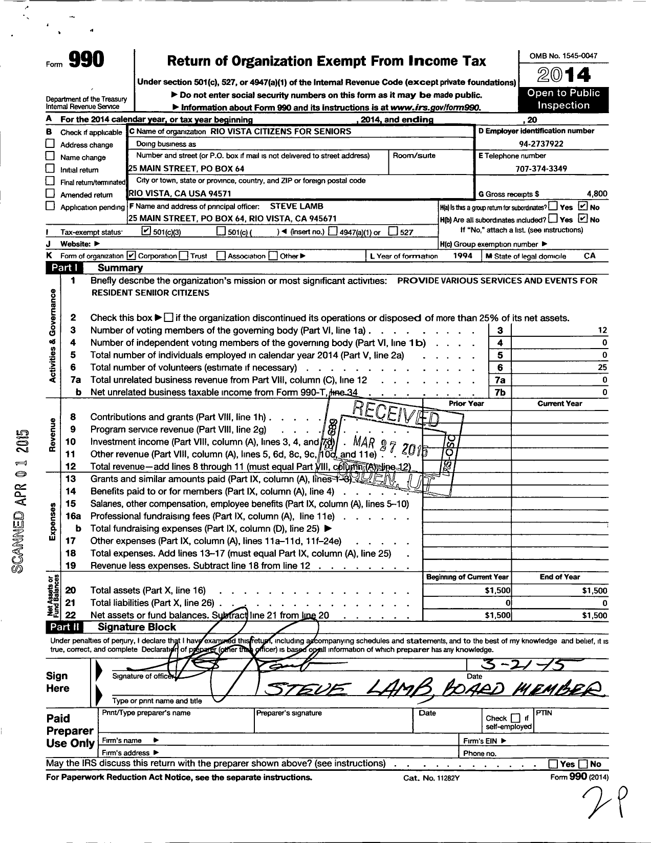 Image of first page of 2014 Form 990 for Rio Vista Citizens for Seniors