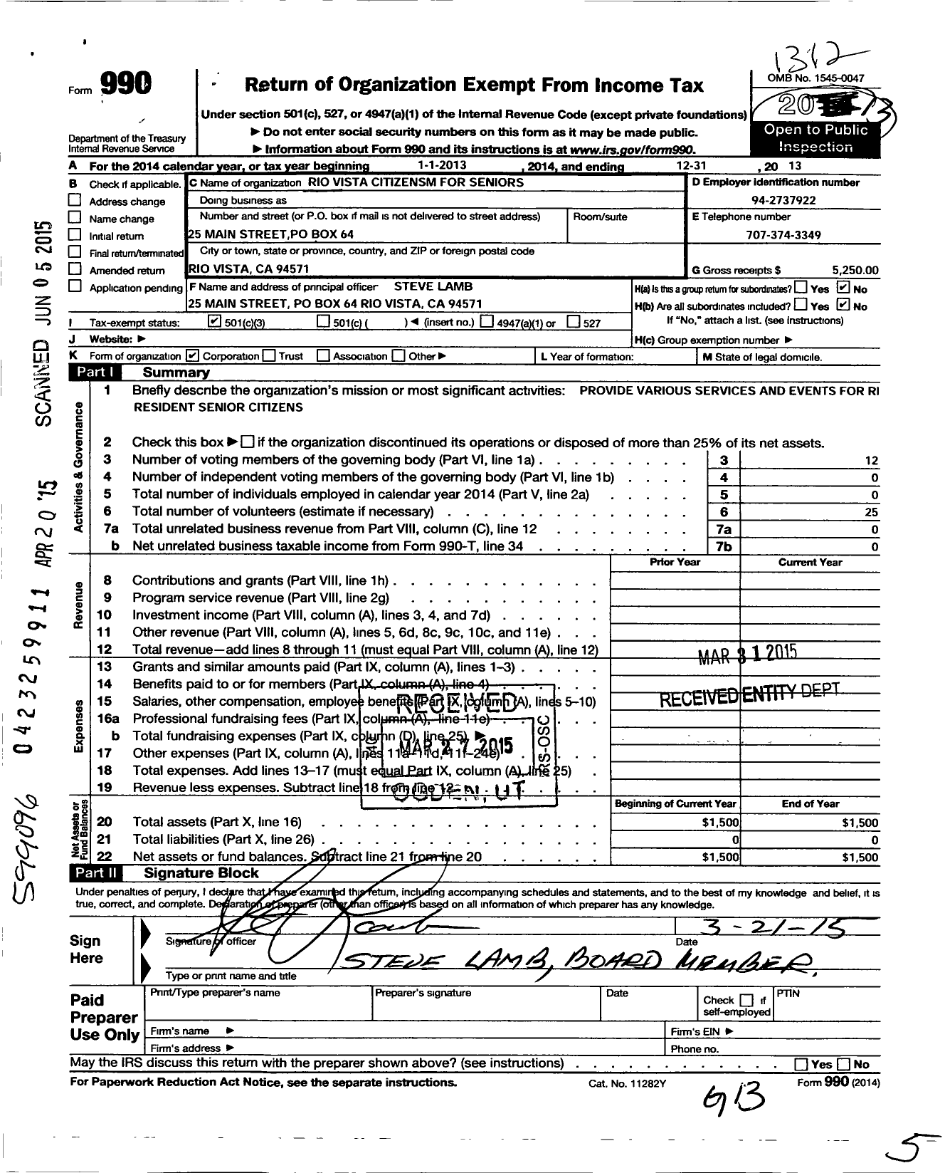 Image of first page of 2013 Form 990 for Rio Vista Citizens for Seniors