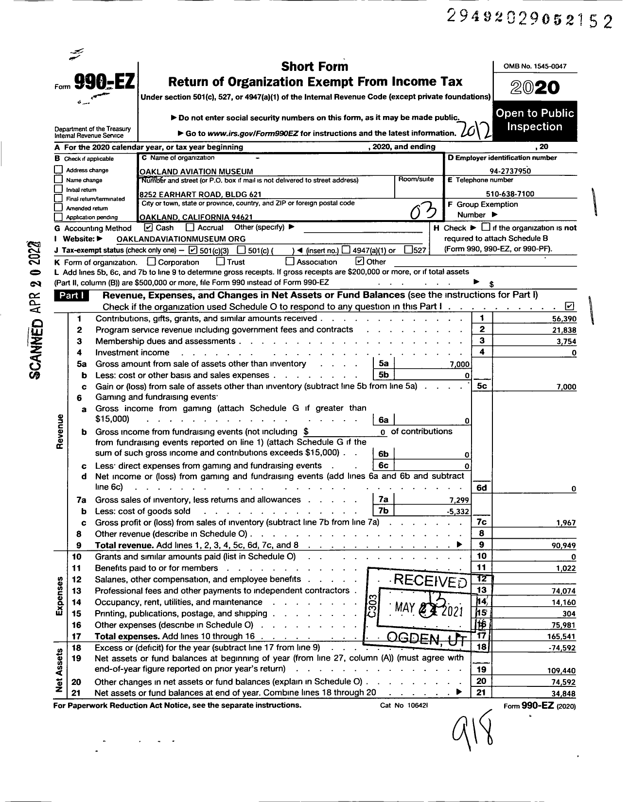 Image of first page of 2020 Form 990EZ for Oakland Aviation Museum