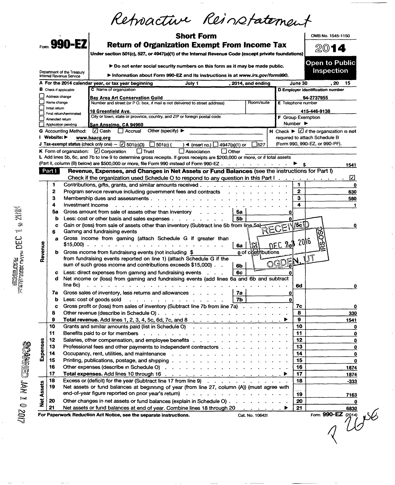 Image of first page of 2014 Form 990EZ for Bay Area Art Conservation Guild