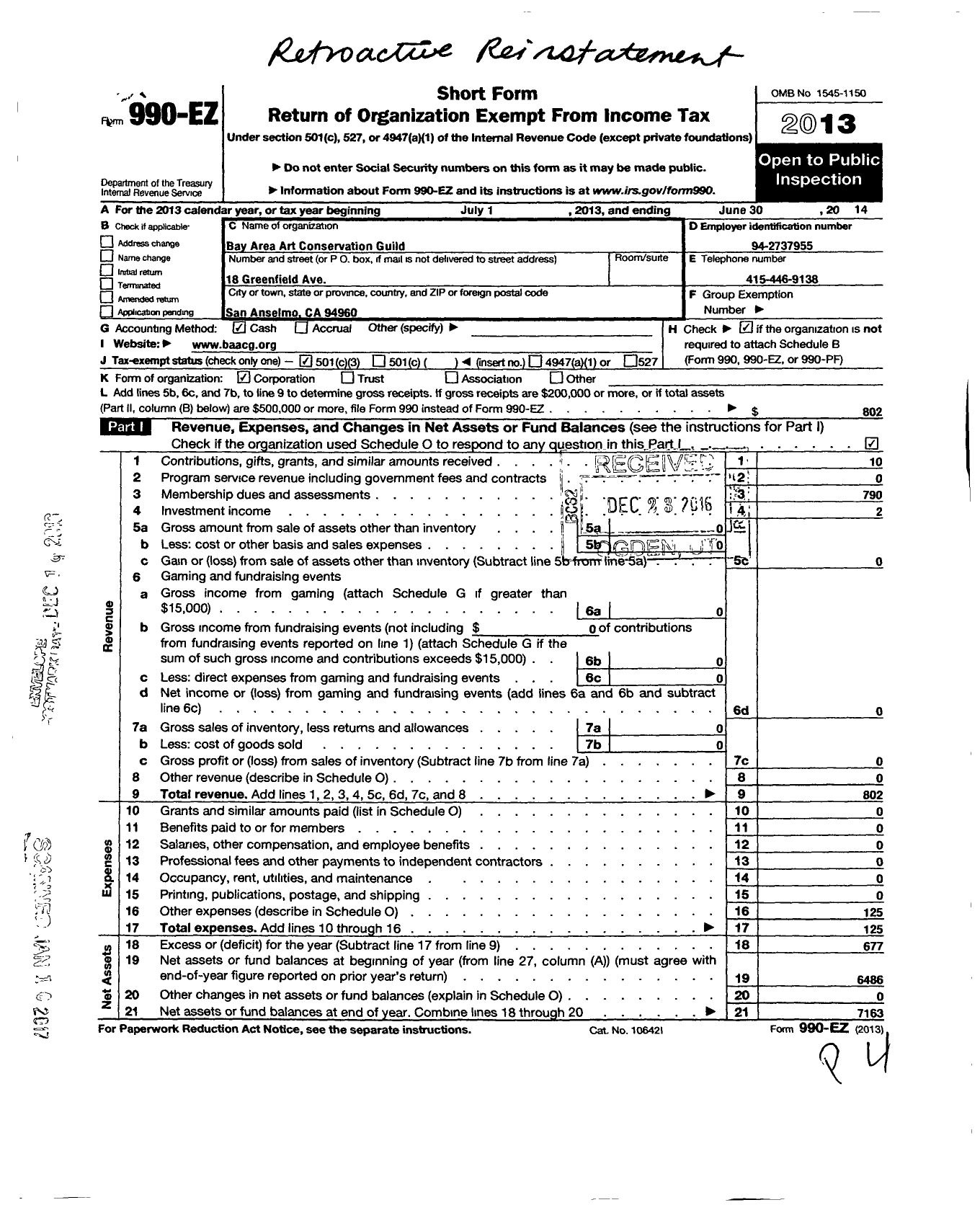 Image of first page of 2013 Form 990EZ for Bay Area Art Conservation Guild