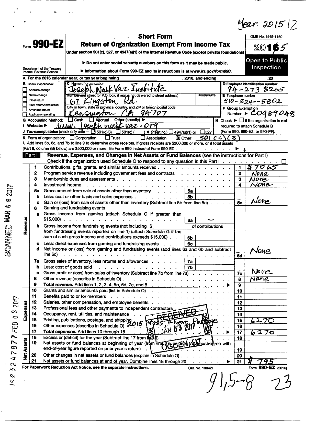 Image of first page of 2015 Form 990EO for Joseph Naik Vaz Institute