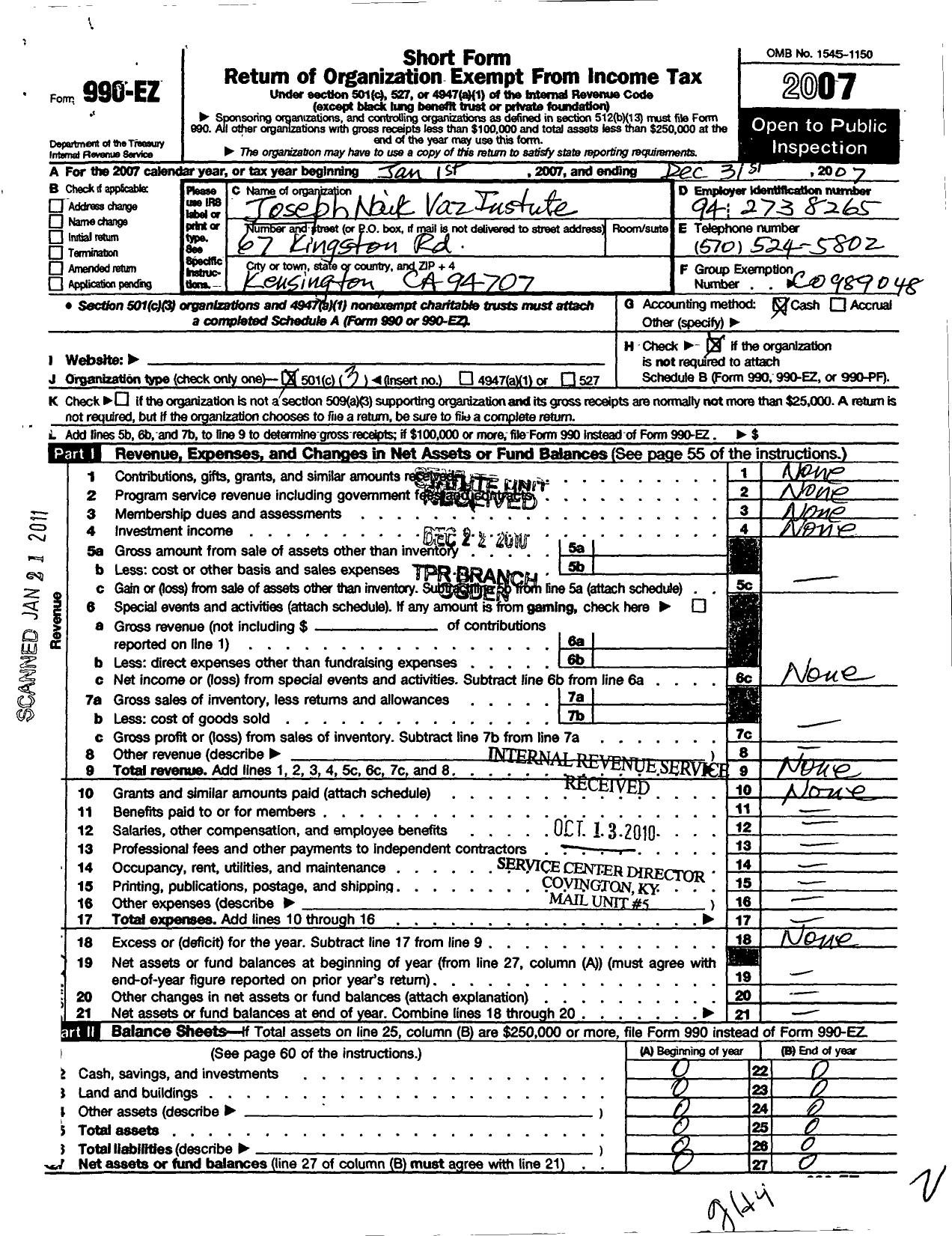 Image of first page of 2007 Form 990EZ for Joseph Naik Vaz Institute