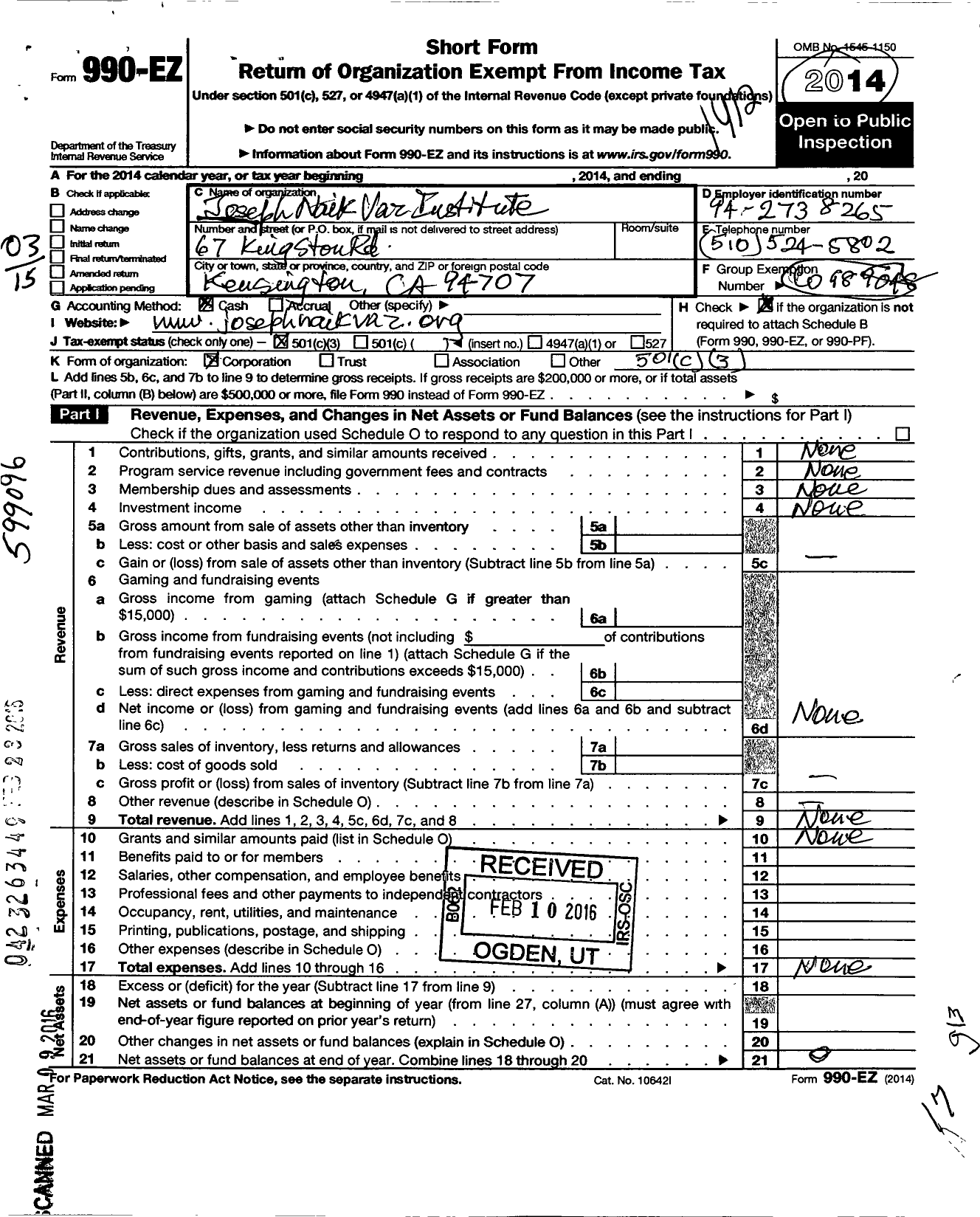 Image of first page of 2014 Form 990EZ for Joseph Naik Vaz Institute