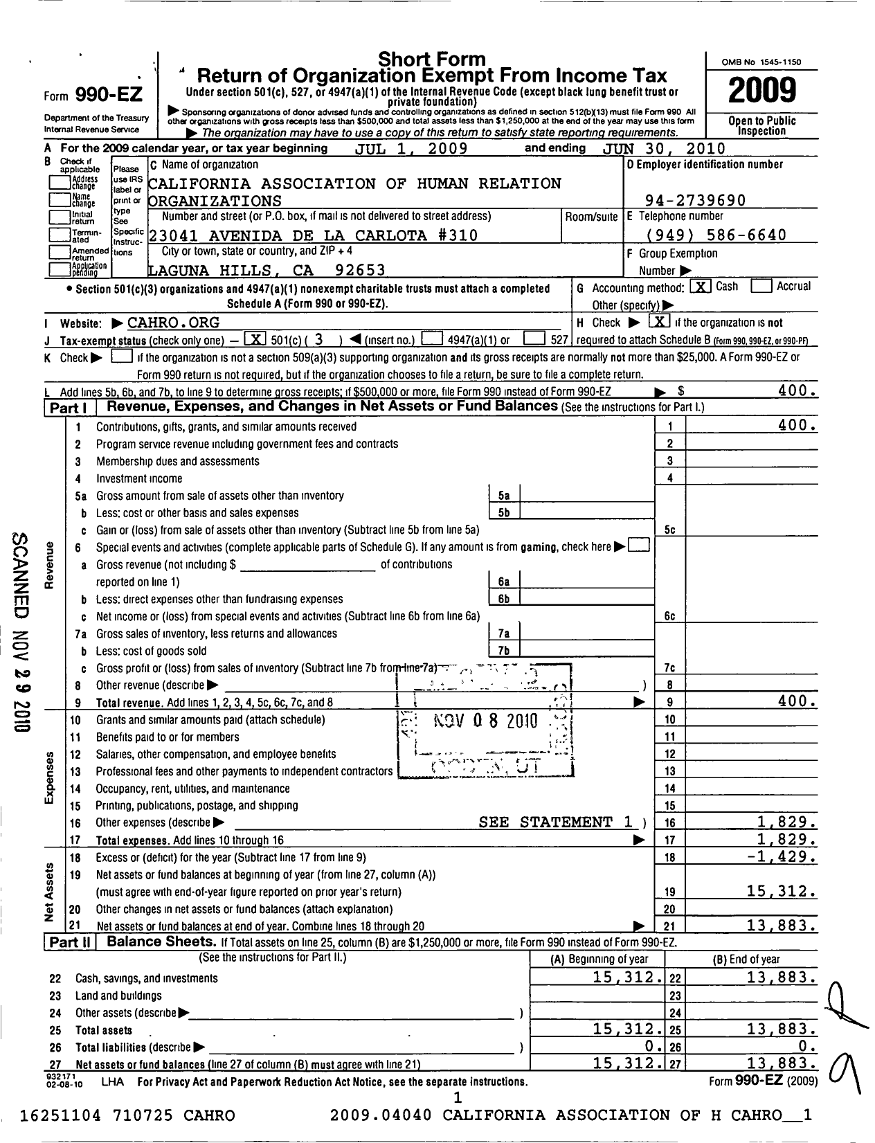 Image of first page of 2009 Form 990EZ for California Association of Human Relations Organizations