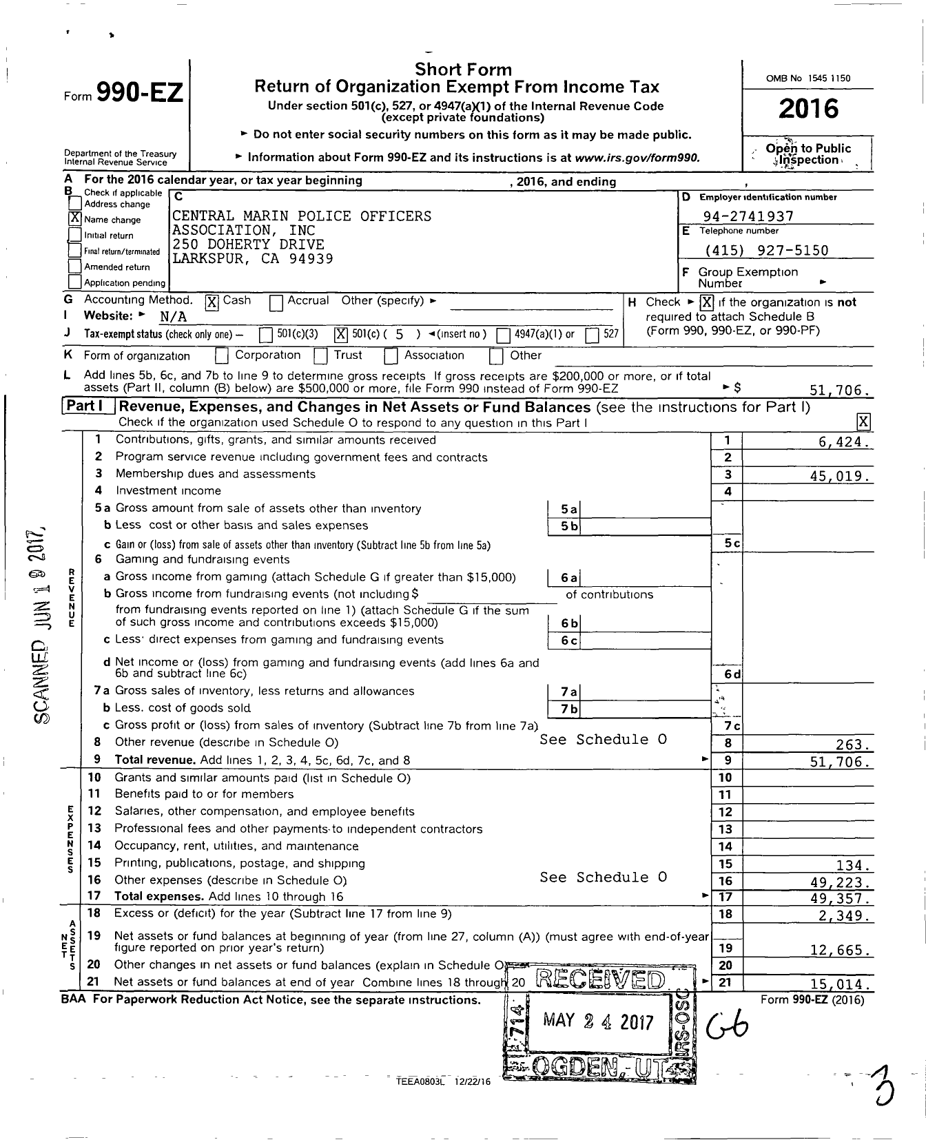 Image of first page of 2016 Form 990EO for Central Marin Police Officers Association