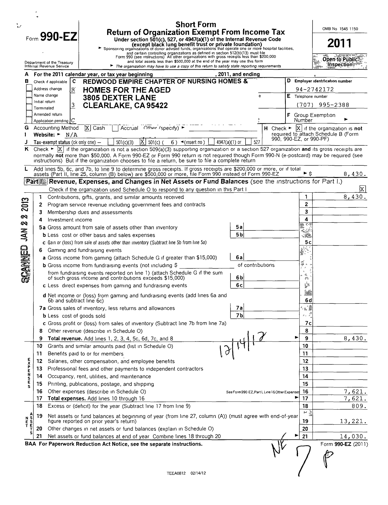 Image of first page of 2011 Form 990EO for Redwood Empire Chapter