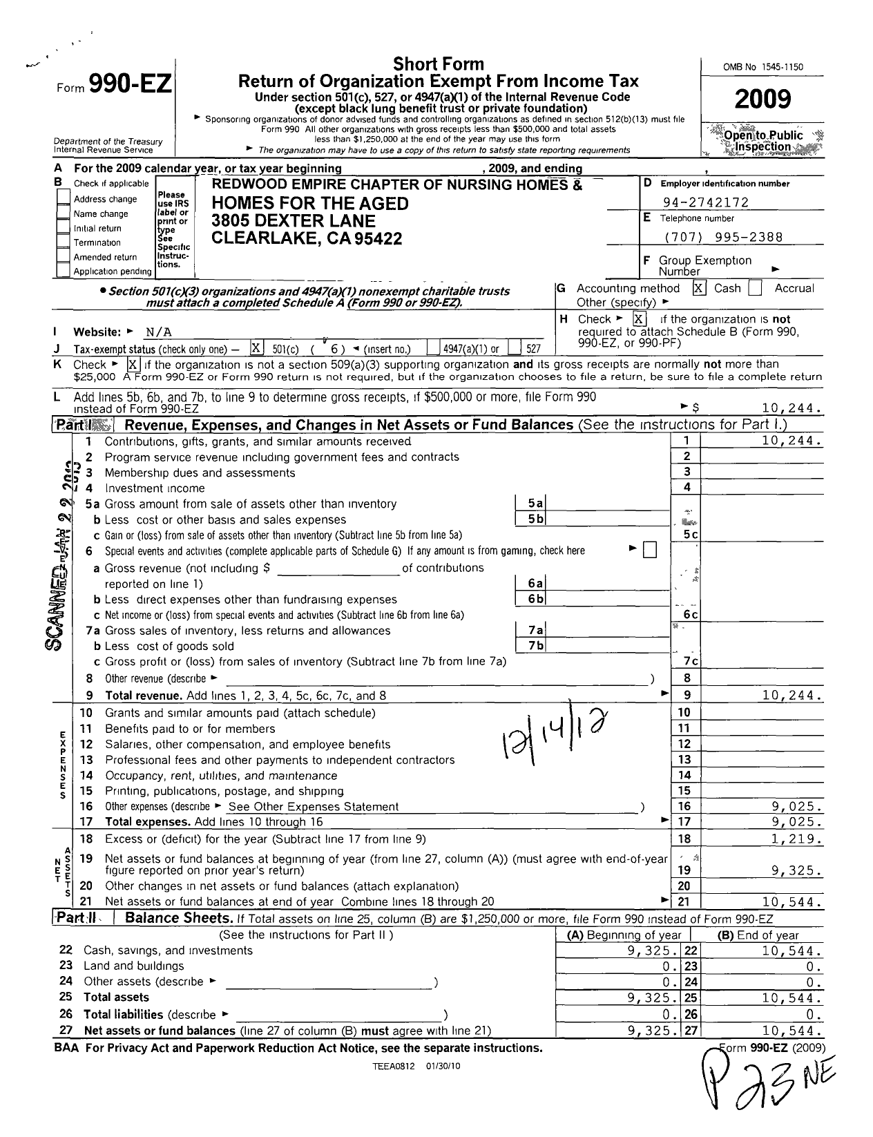 Image of first page of 2009 Form 990EO for Redwood Empire Chapter