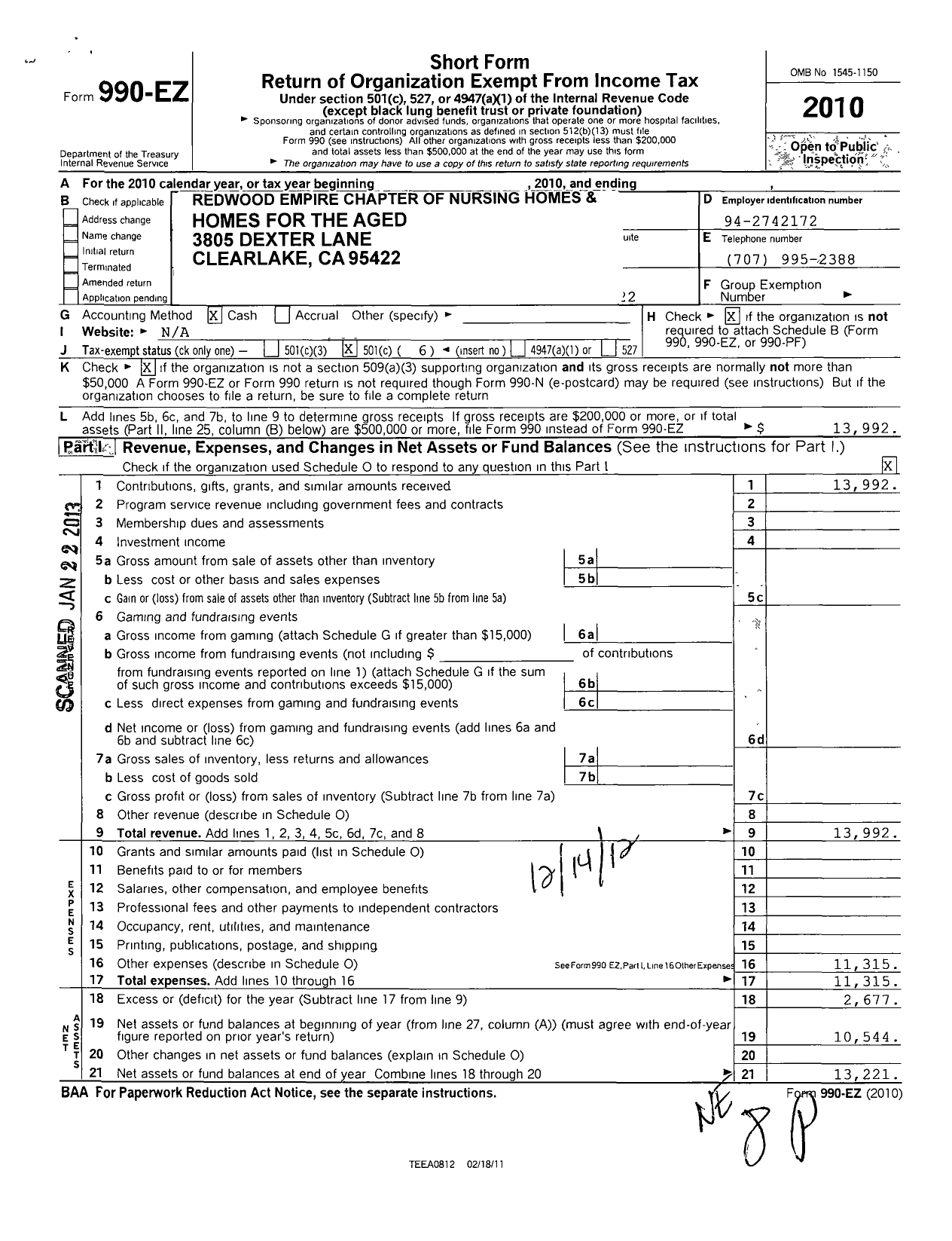 Image of first page of 2010 Form 990EO for Redwood Empire Chapter