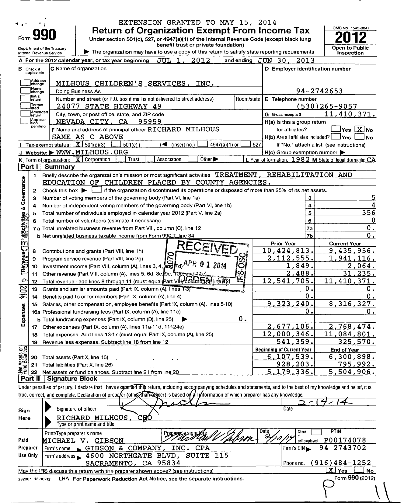 Image of first page of 2012 Form 990 for Mountain Valley Child and Family Services