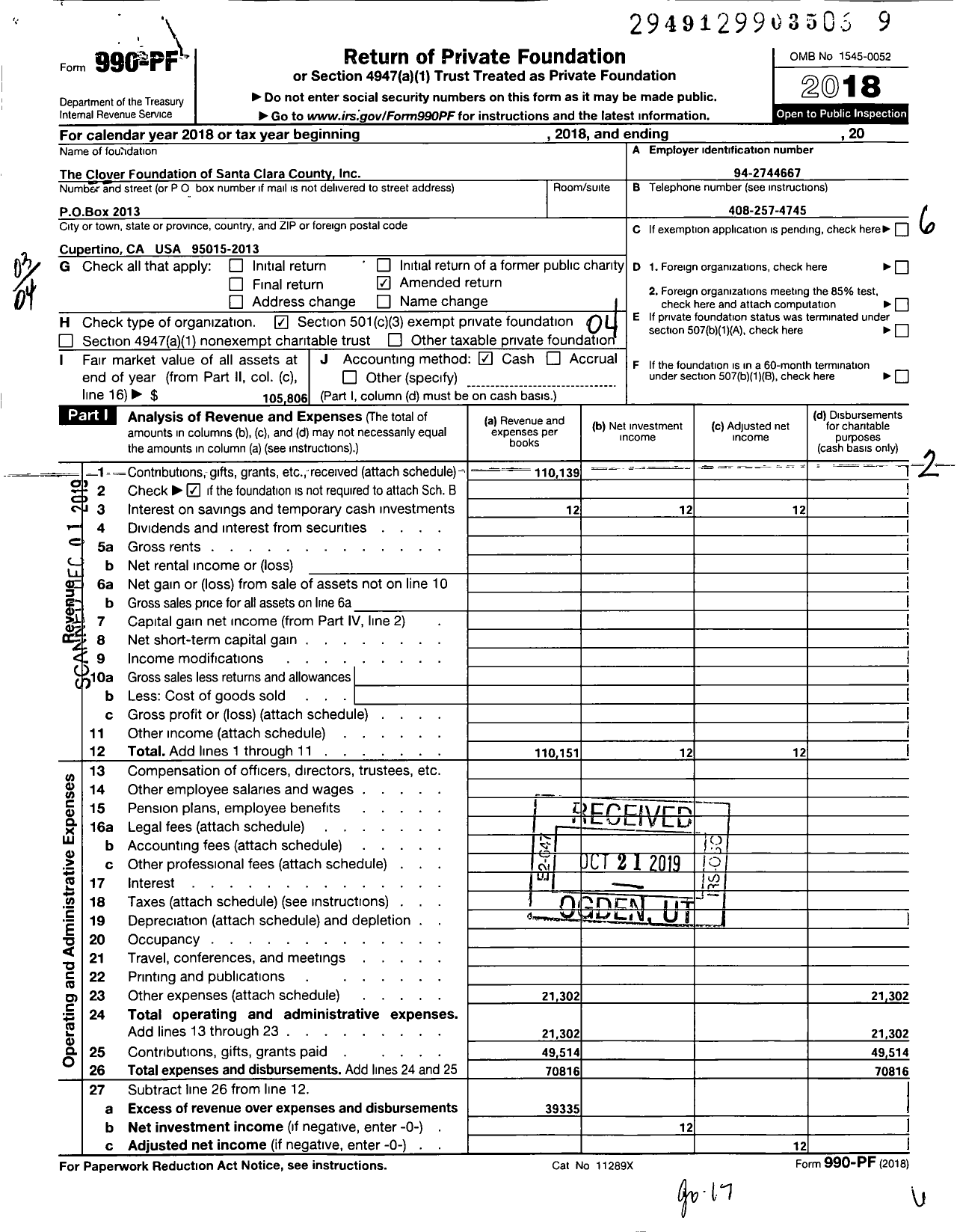 Image of first page of 2018 Form 990PF for Clover Foundation of Santa Clara County