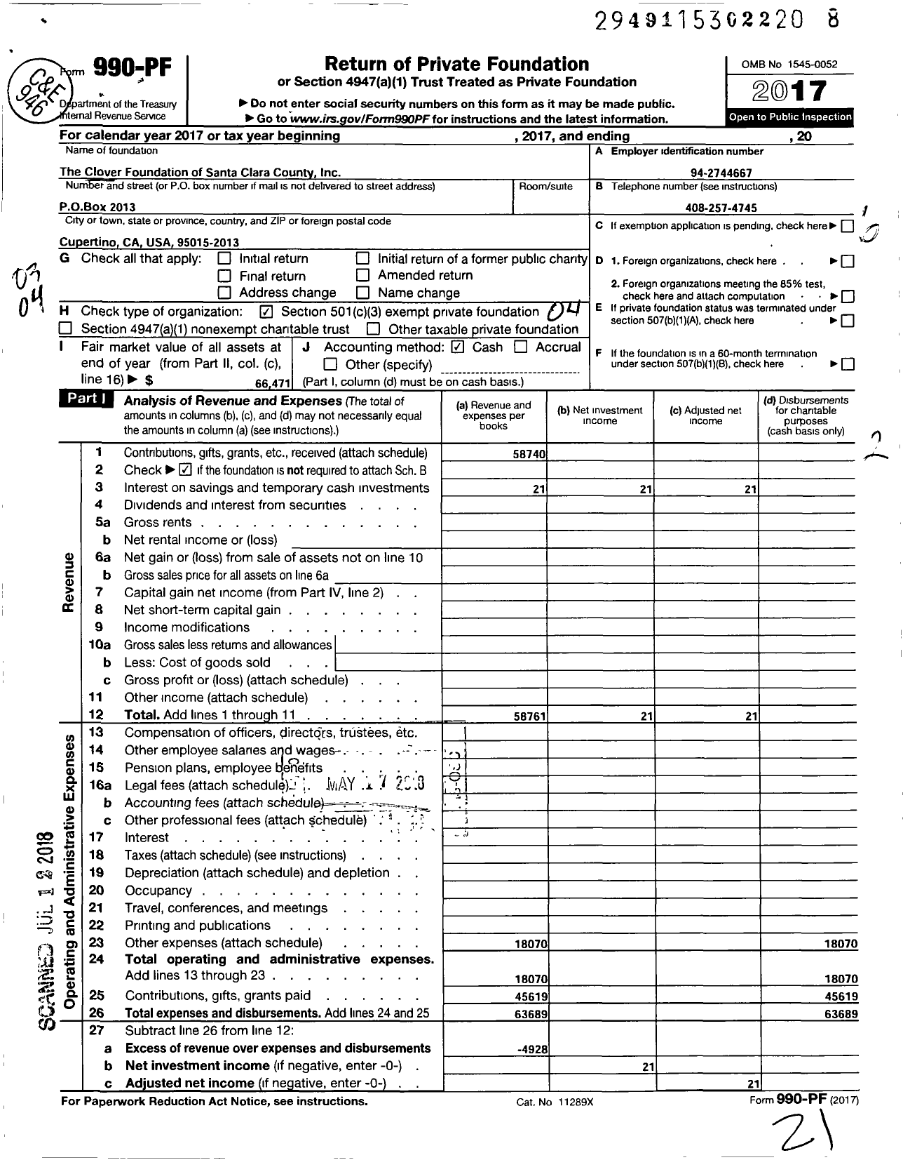 Image of first page of 2017 Form 990PF for Clover Foundation of Santa Clara County