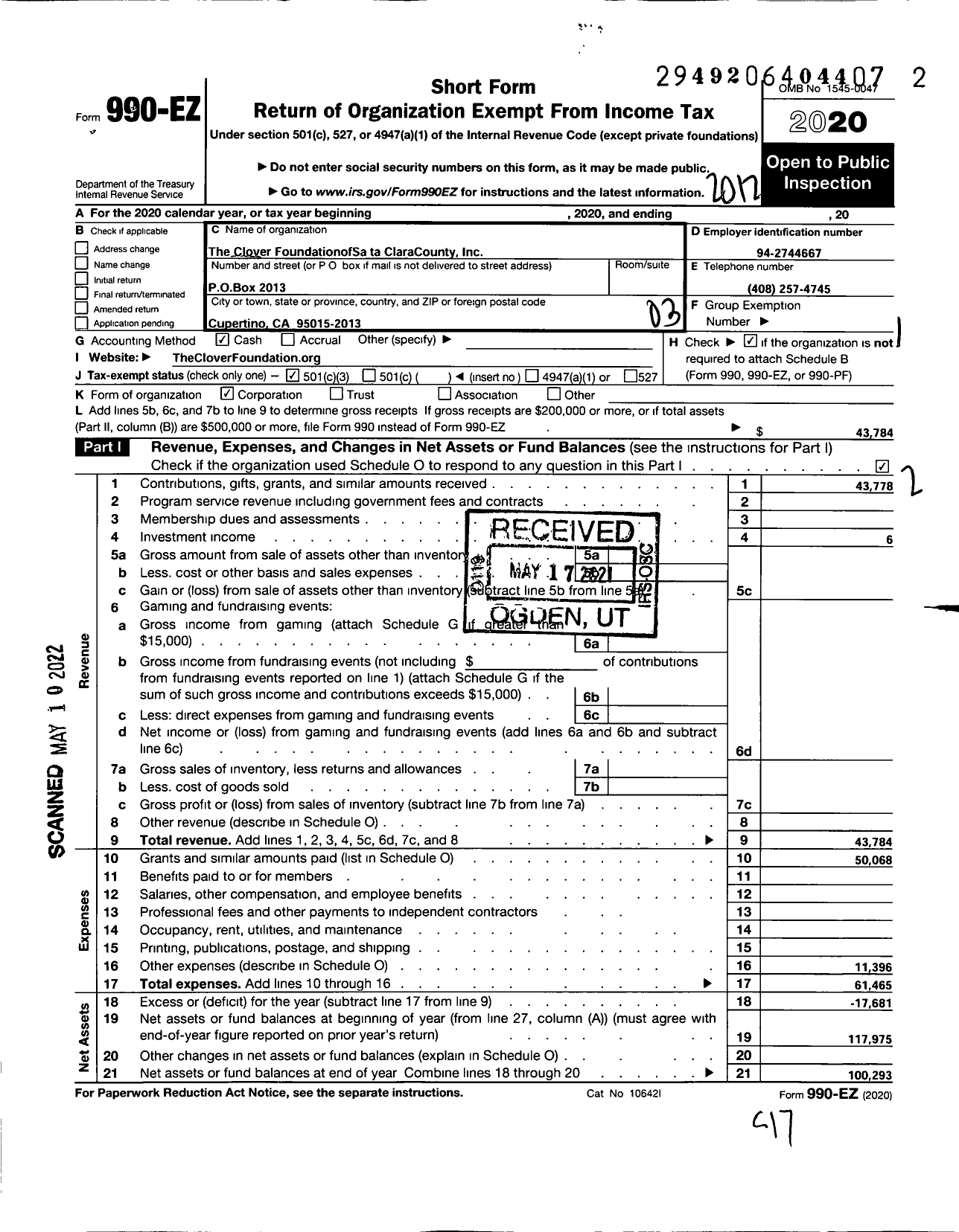 Image of first page of 2020 Form 990EZ for Clover Foundation of Santa Clara County