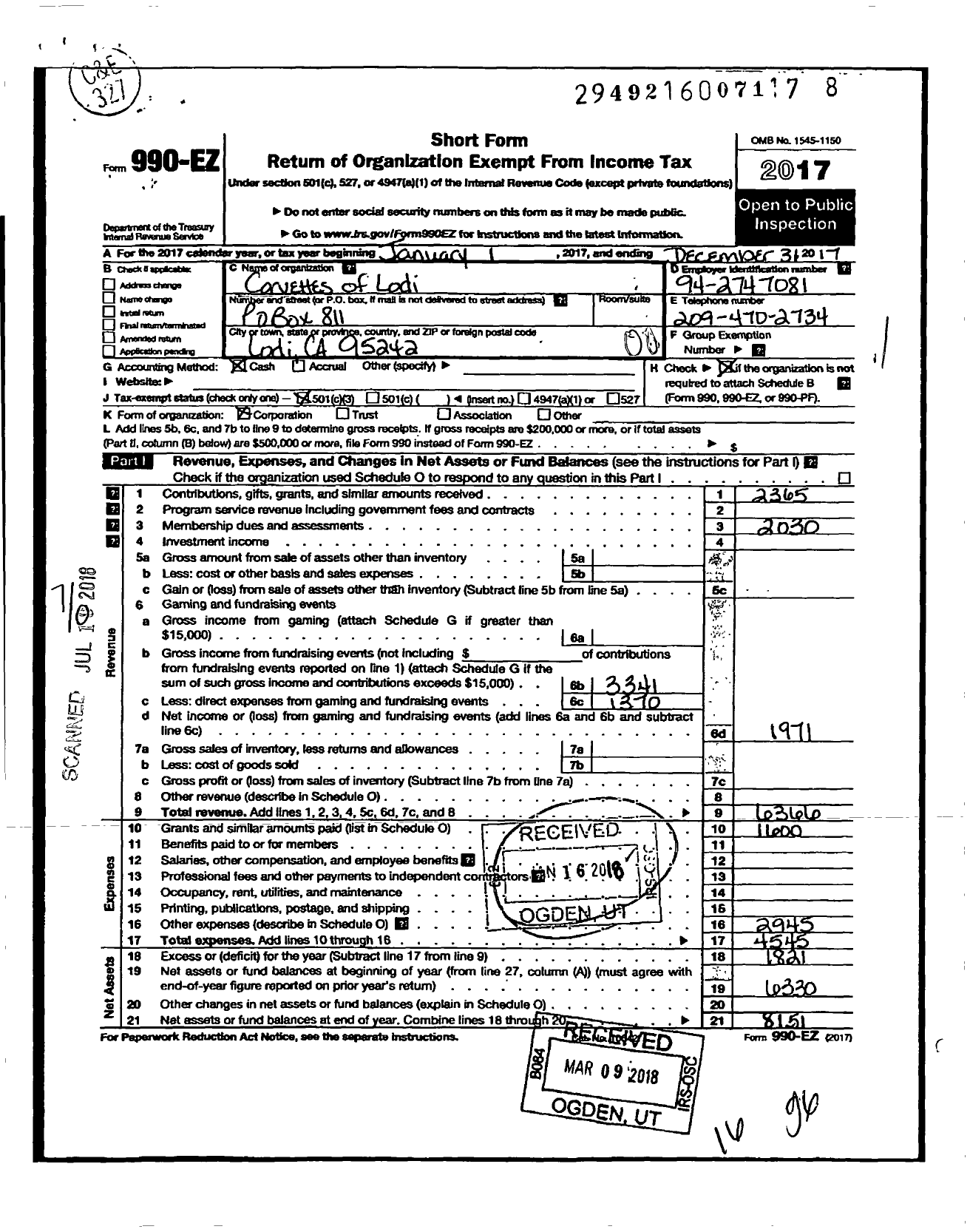 Image of first page of 2017 Form 990EZ for Corvettes of Lodi