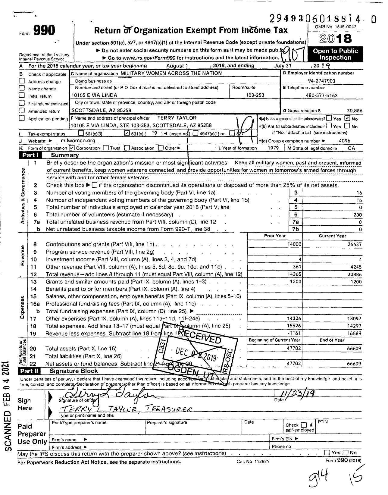 Image of first page of 2018 Form 990O for Military Women Across the Nation (MWAN)