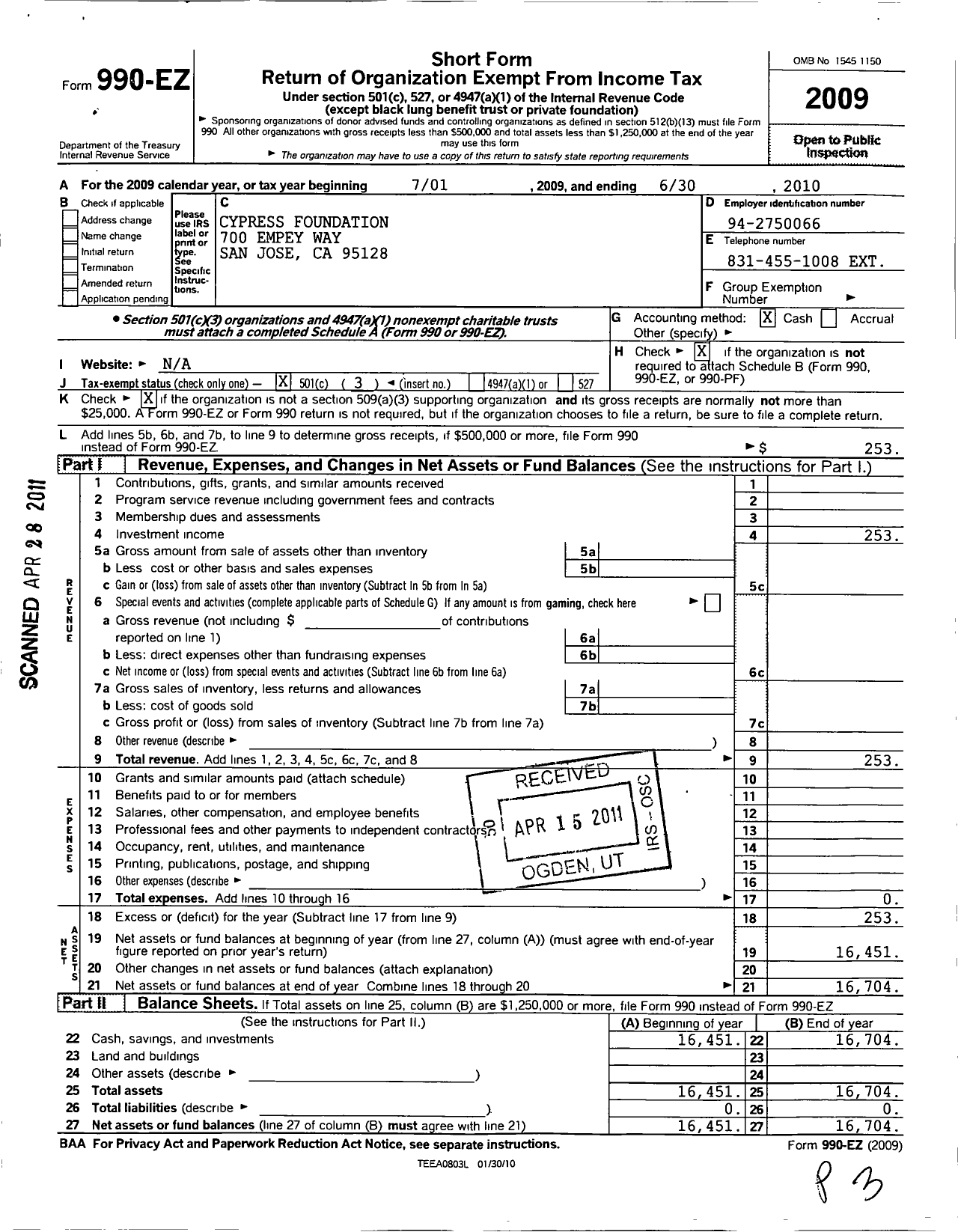 Image of first page of 2009 Form 990EZ for Cypress Foundation / Monterey County Medical Society Alliance