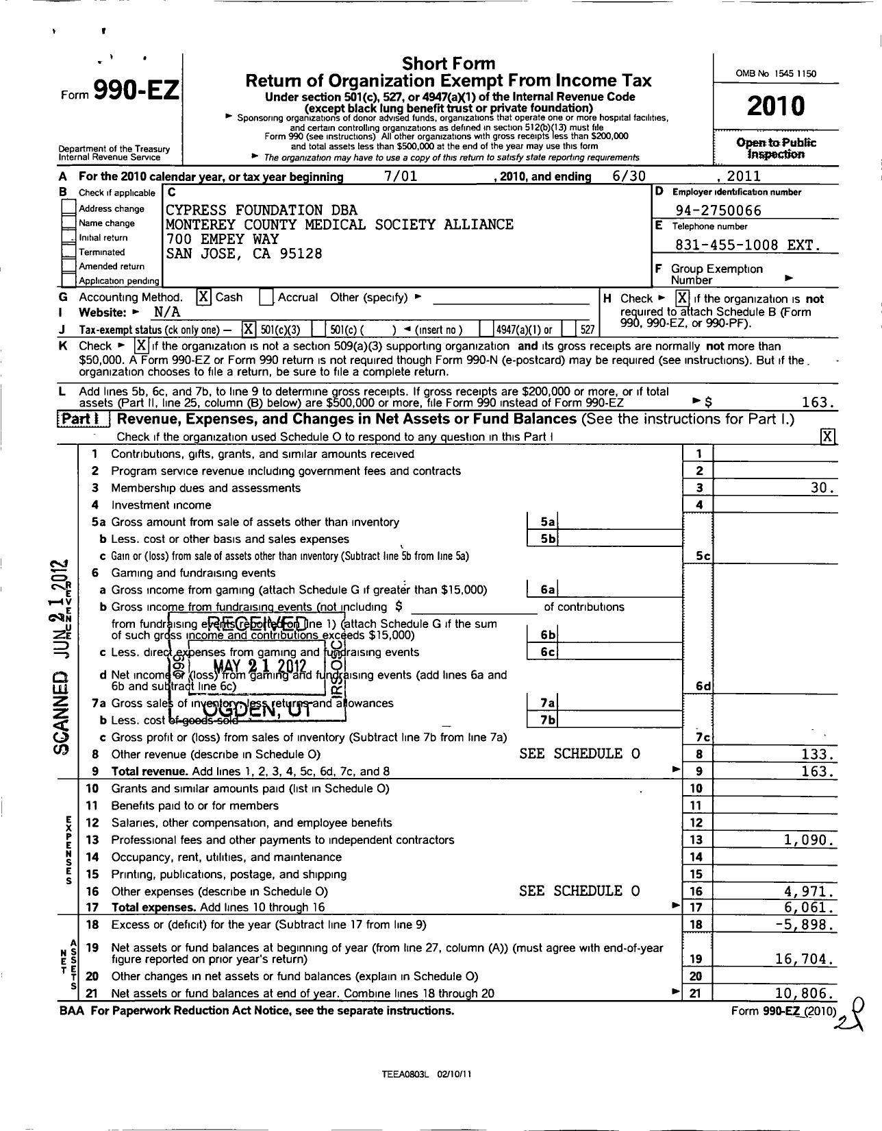 Image of first page of 2010 Form 990EZ for Cypress Foundation / Monterey County Medical Society Alliance