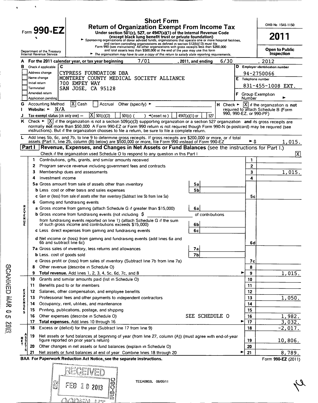 Image of first page of 2011 Form 990EZ for Cypress Foundation / Monterey County Medical Society Alliance